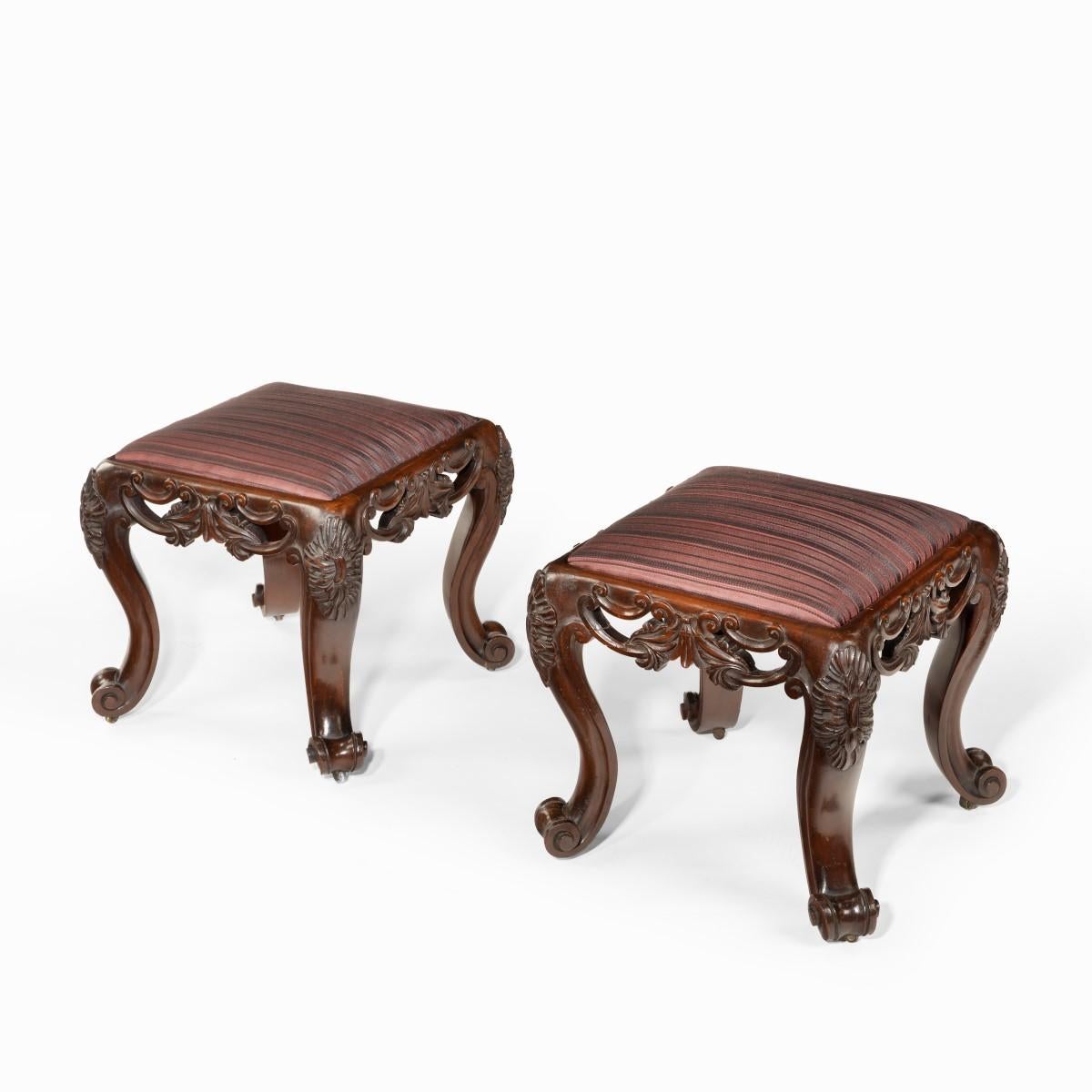 Pair of Victorian Carved Mahogany Stools For Sale 2