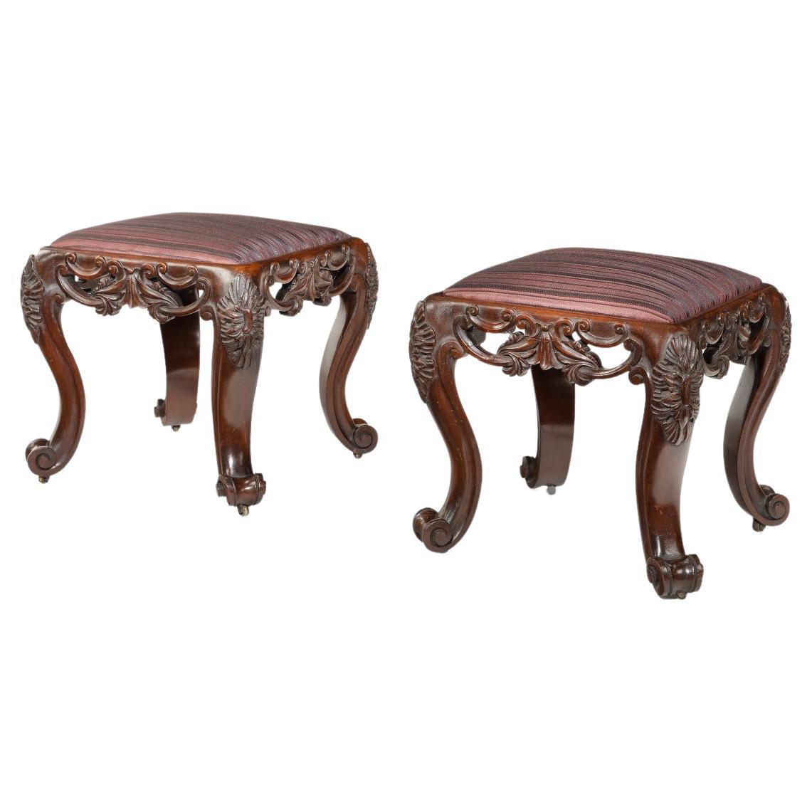 Pair of Victorian Carved Mahogany Stools For Sale