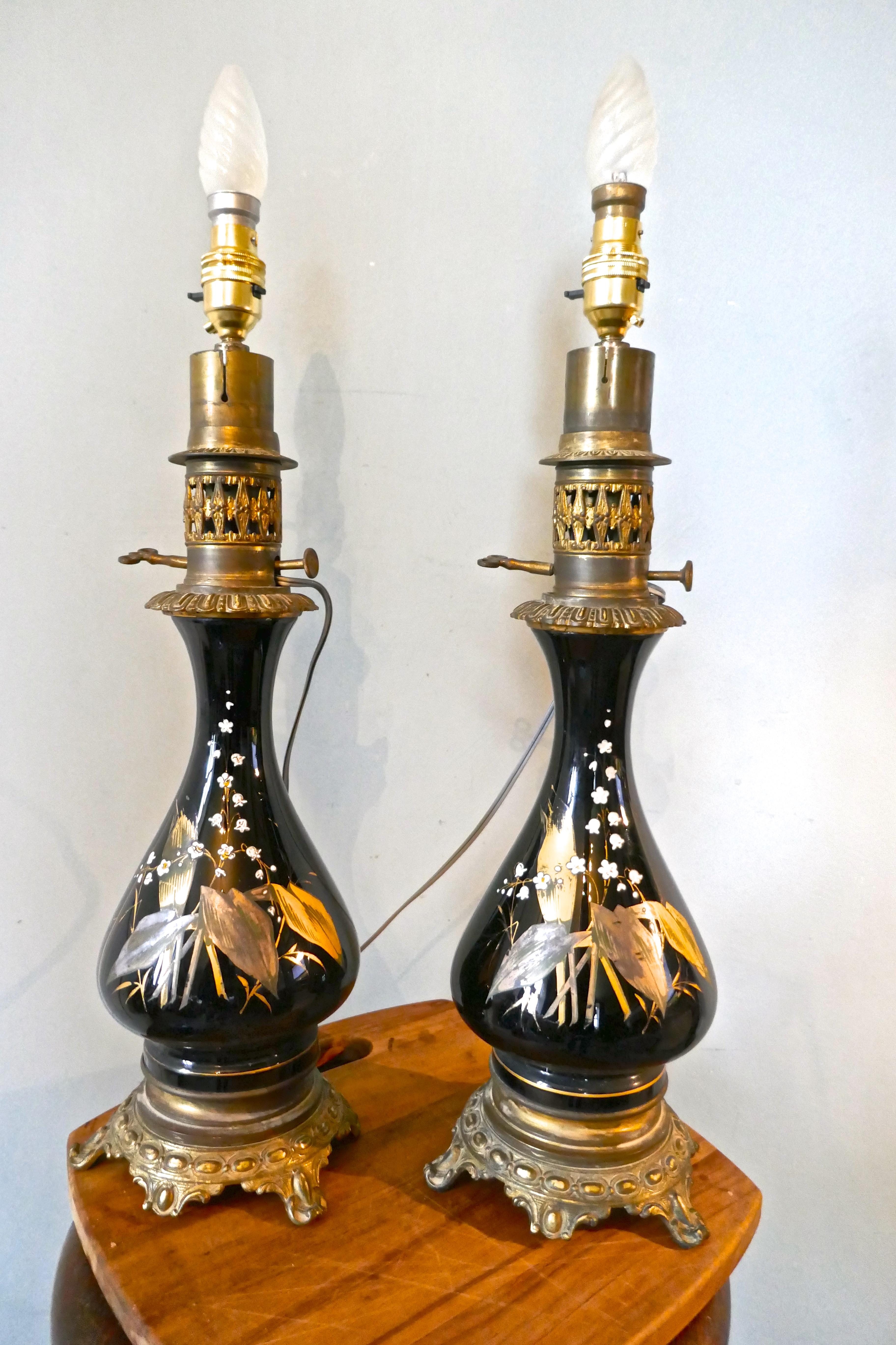 19th Century Pair of Victorian Ceramic Oil Lamps  Electrified  For Sale