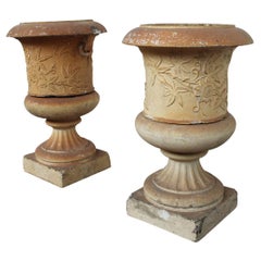Pair of Victorian Clay Garden Urns on Pedestals
