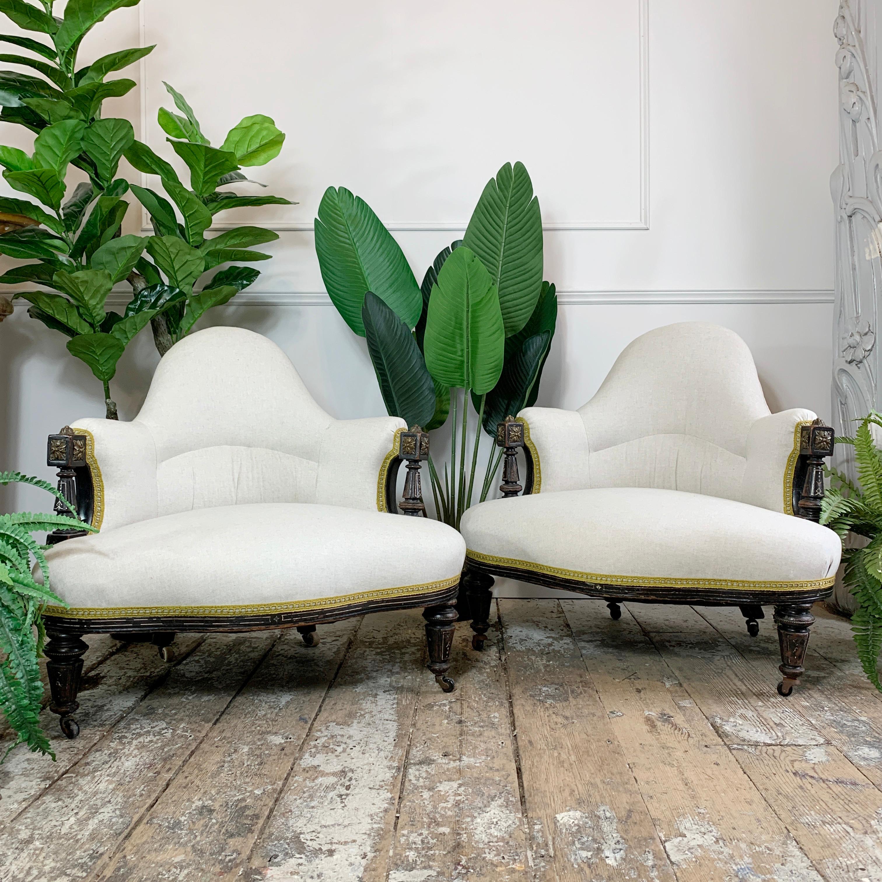 19th Century Pair of Victorian Corner Chairs with Brass Detailing
