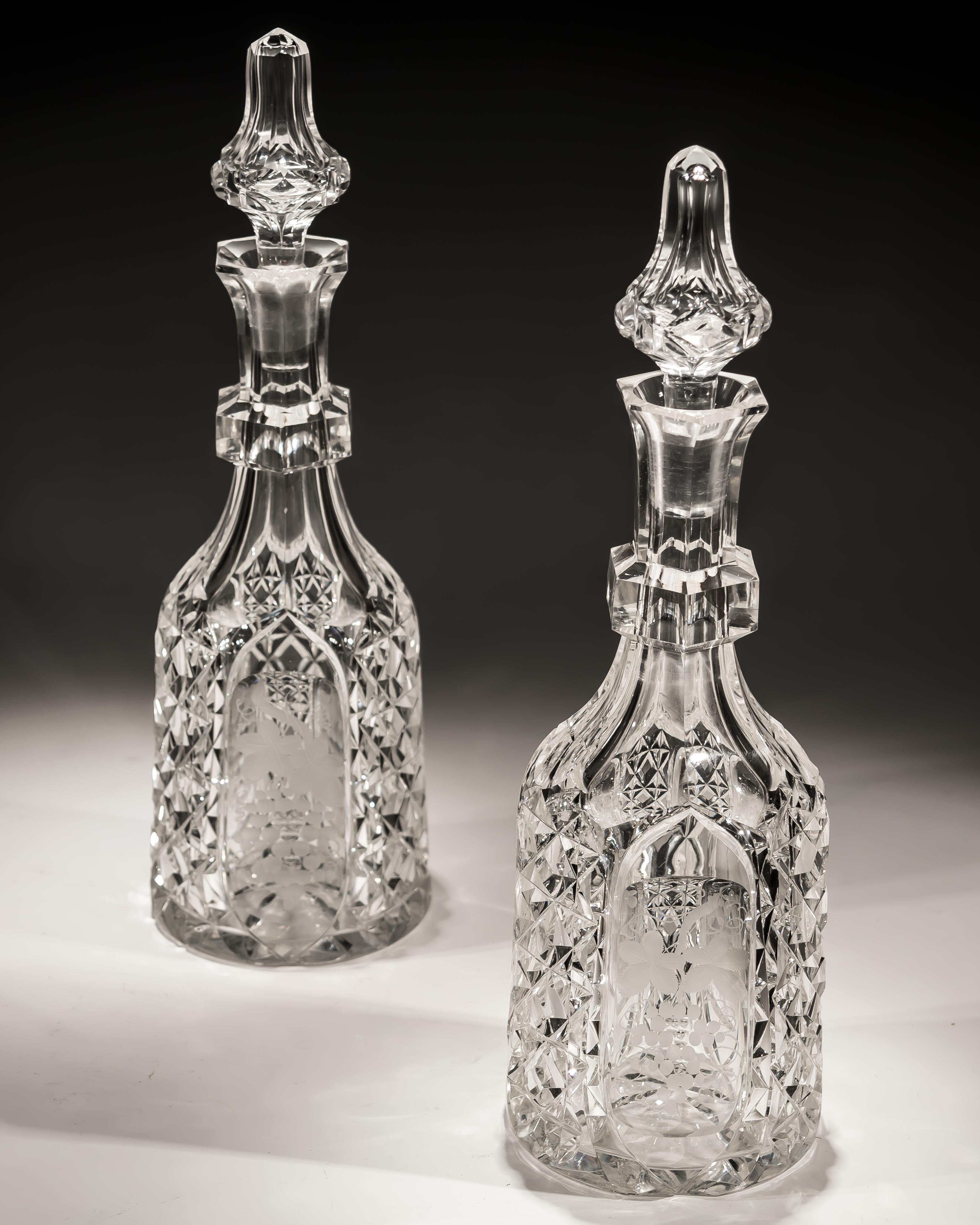 Pair of Victorian Cut Glass Decanters with Engraved Panels of Fruiting Vines In Good Condition In Steyning, West sussex