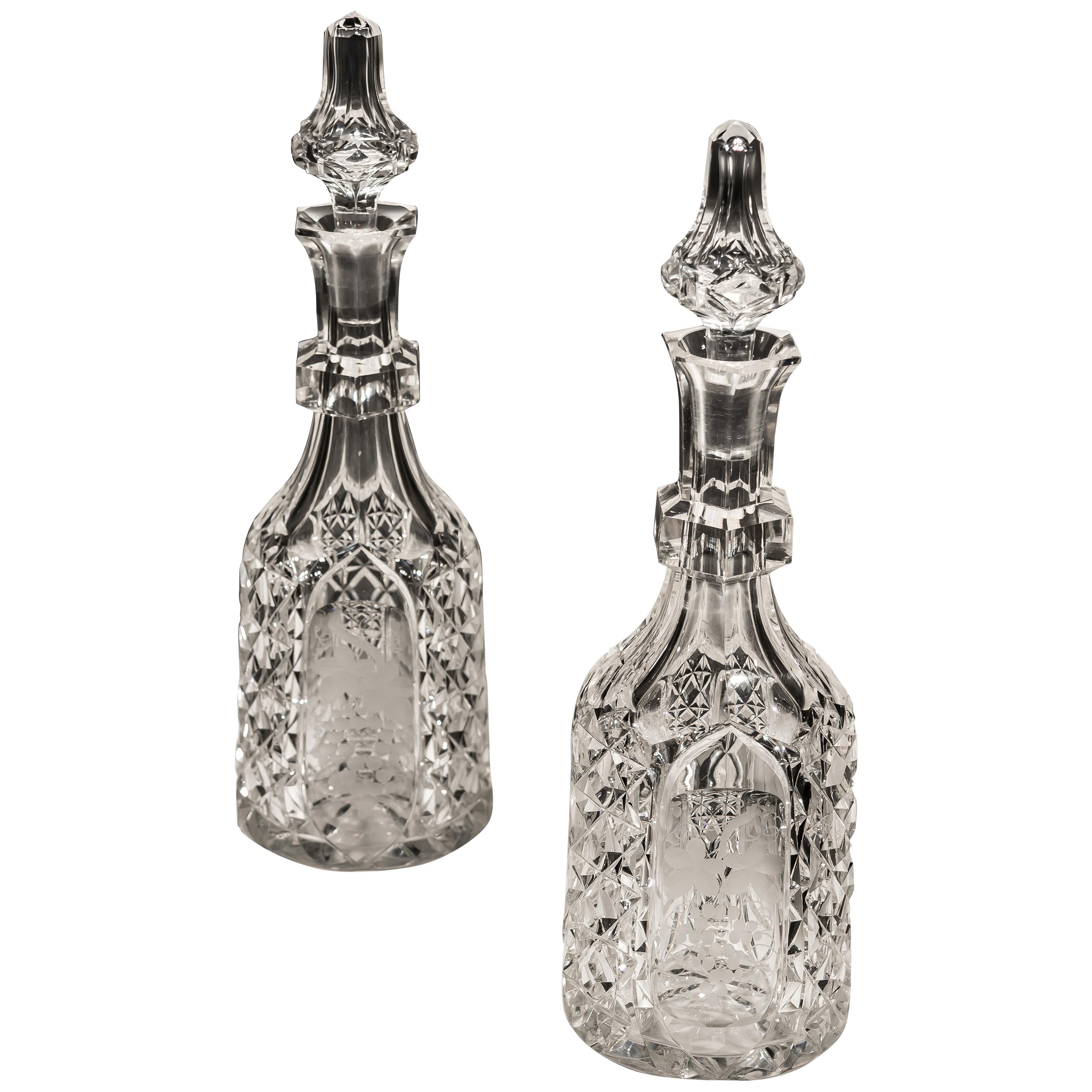 Pair of Victorian Cut Glass Decanters with Engraved Panels of Fruiting Vines