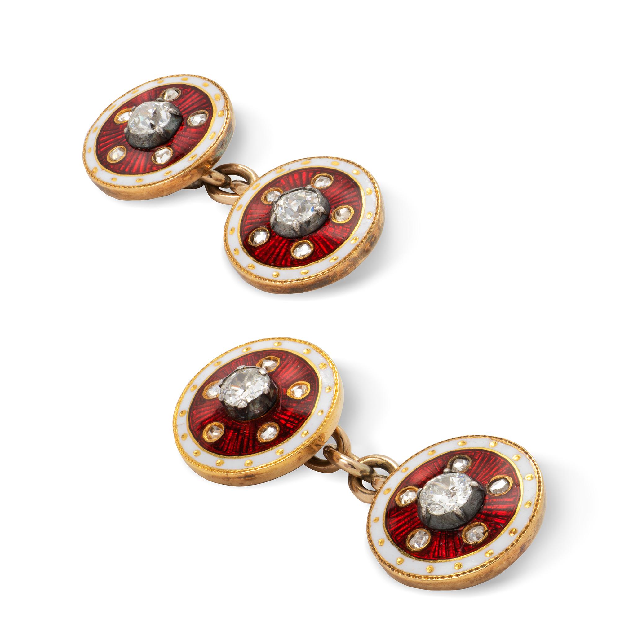 A pair of Late-Victorian diamond-set gold and enamel cufflinks, each consisted of two circular plaques centrally-set with an old-cut diamond, surrounded by five rose-cut diamonds on red-enamelled guilloche enamel background, surrounded by white