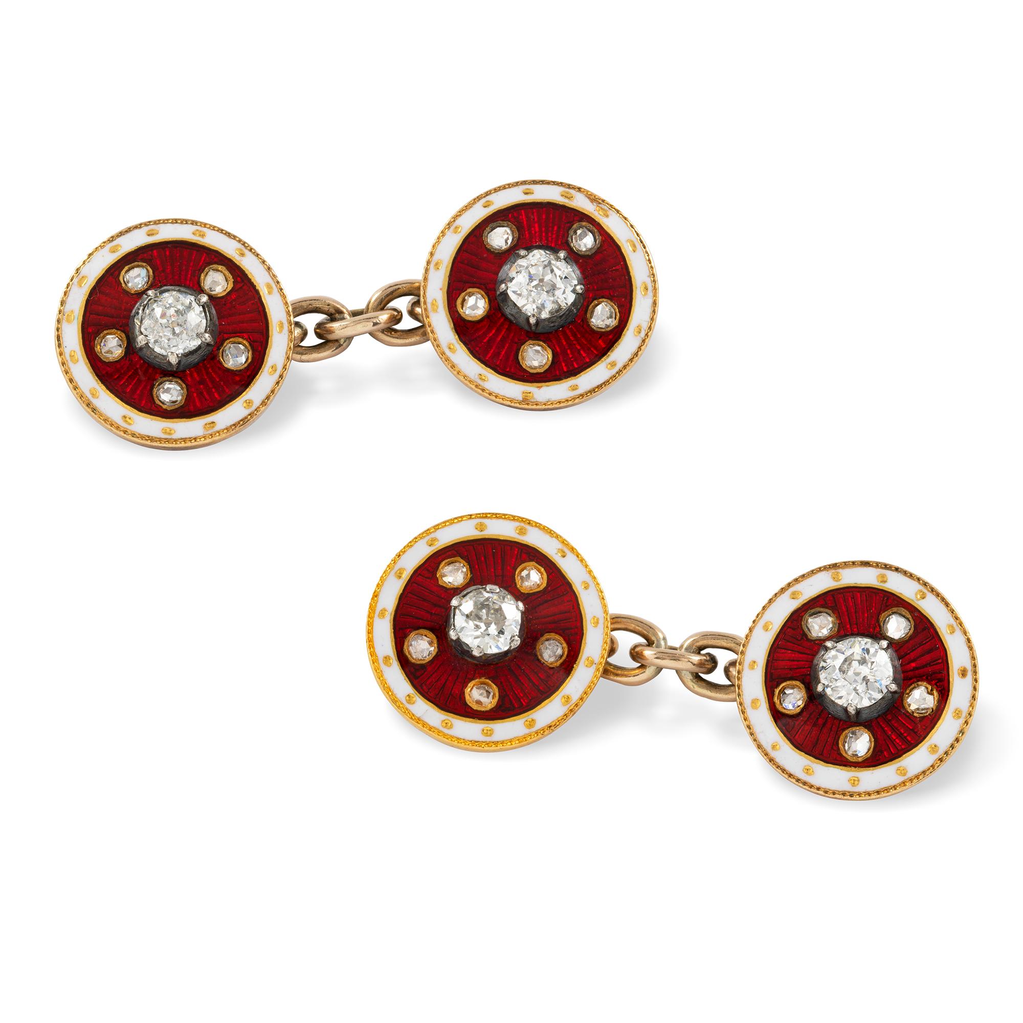 Pair of Victorian Diamond and Red Enamel Cufflinks In Good Condition For Sale In London, GB