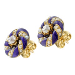 A pair of Victorian diamond, enamel & pearl cluster earrings