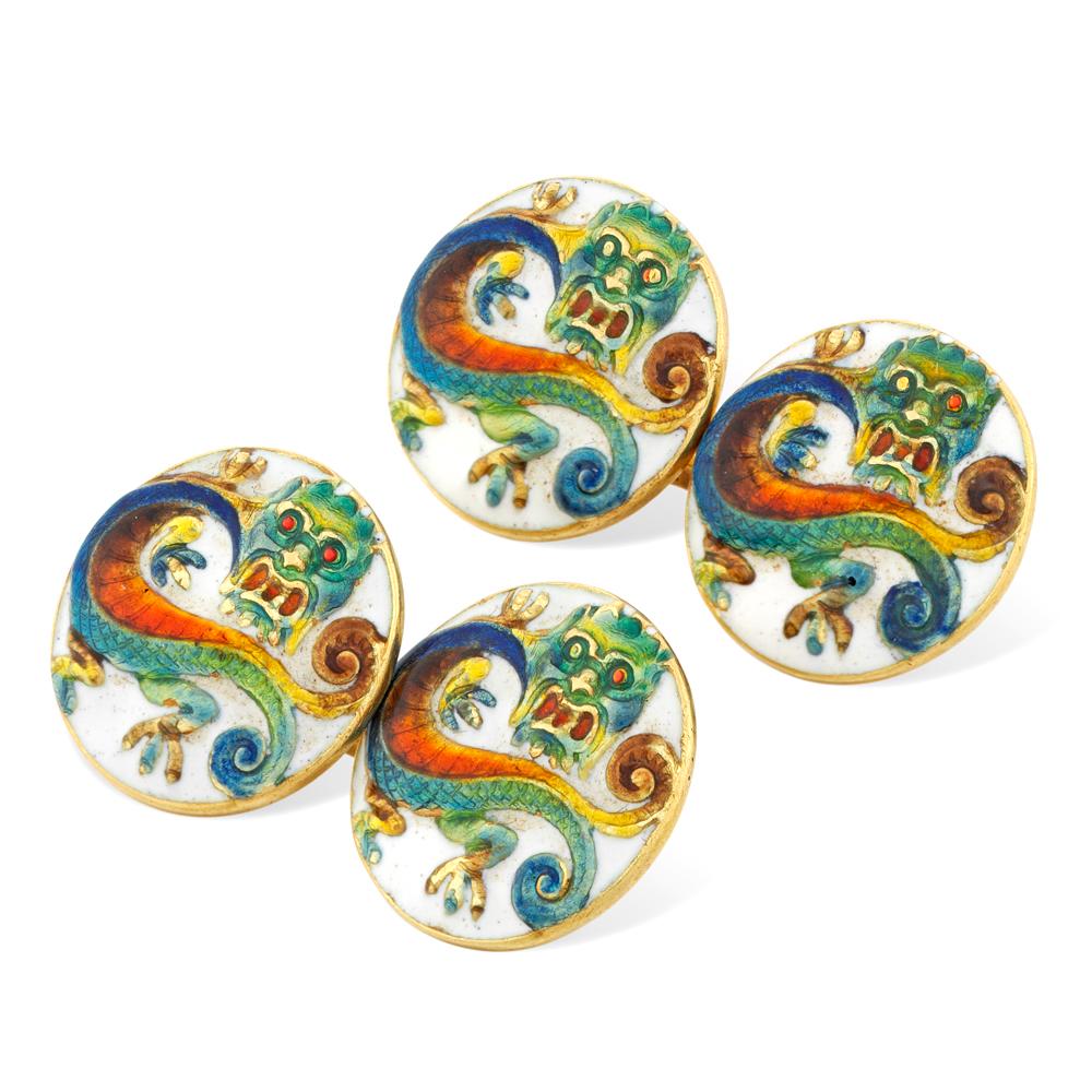 A pair of Victorian enamel dragon cufflinks, each circular gold link embossed with a green, blue and red enamelled Chinese-style dragon, circa 1880, gross weight 9.3 grams.

These fabulously detailed enamel cufflinks come from the collection of