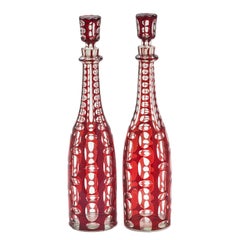 Pair of Victorian Facet Cut Red Glass Decanters and Stoppers, circa 1870