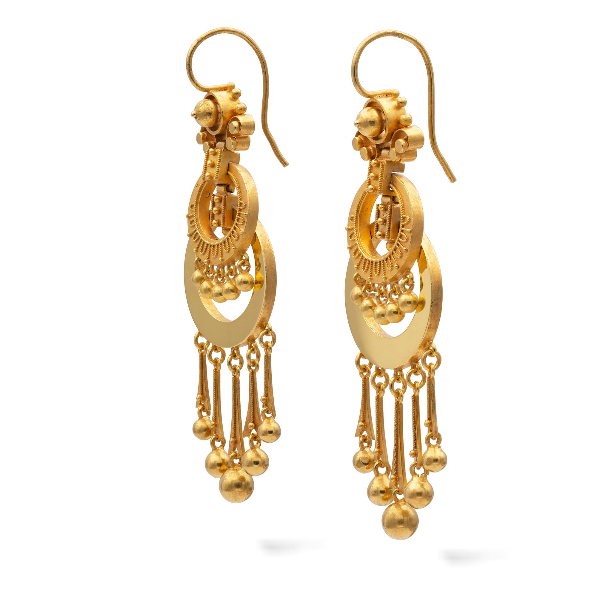 A pair of Victorian gold drop earrings, consisted of two circlets each with five gold drops, all suspended by scroll designed openwork top, with shepherds hook fitting, all in yellow gold,  circa 1870, measuring approximately 6.8 x 2.1cm, gross