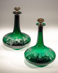 Pair of Victorian Green Mells Decanters Engraved with Fruiting Vines