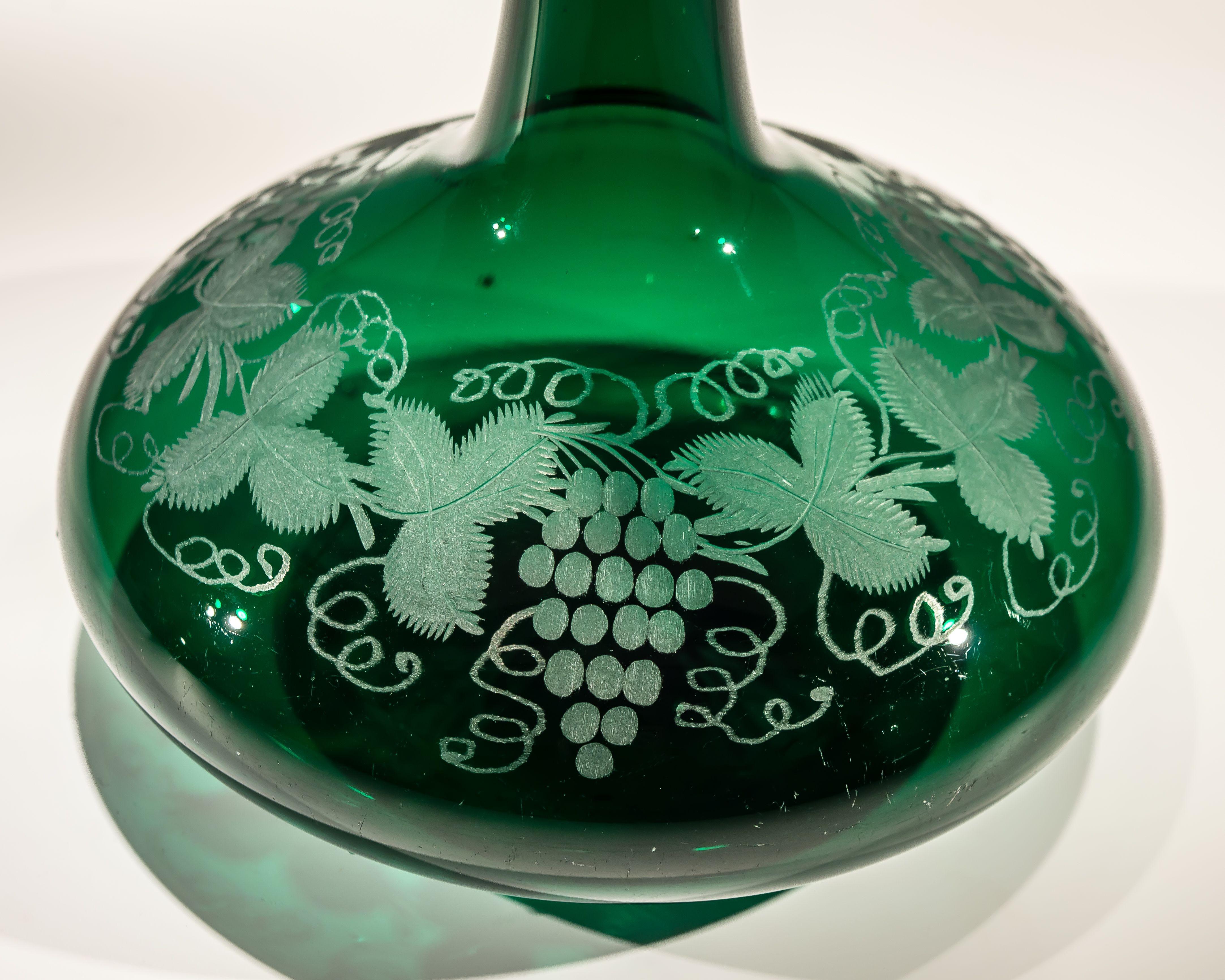 Late 19th Century Pair of Victorian Green Mells Decanters Engraved with Fruiting Vines For Sale