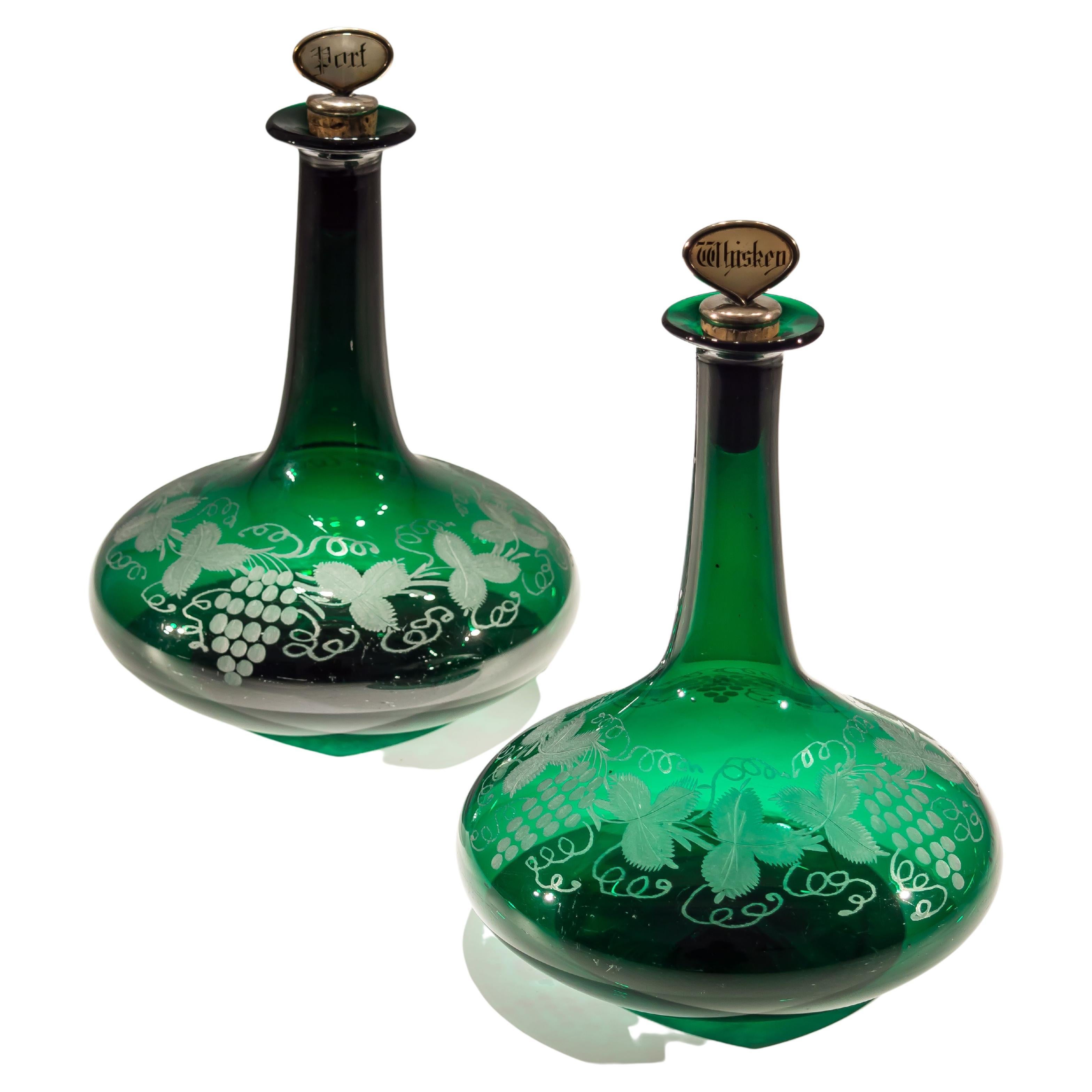 Pair of Victorian Green Mells Decanters Engraved with Fruiting Vines For Sale