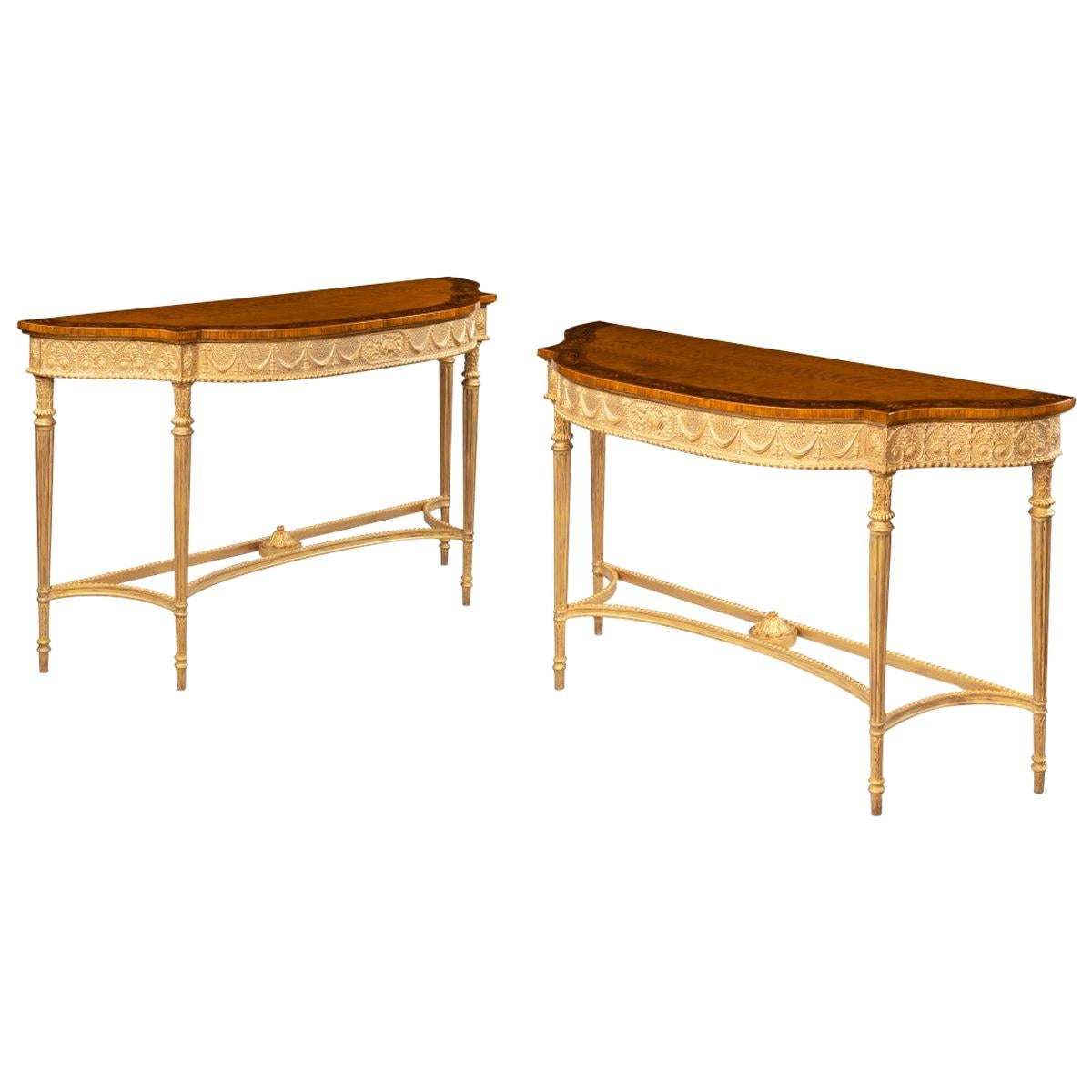 Pair of Victorian Hepplewhite Style Satinwood Console Tables For Sale