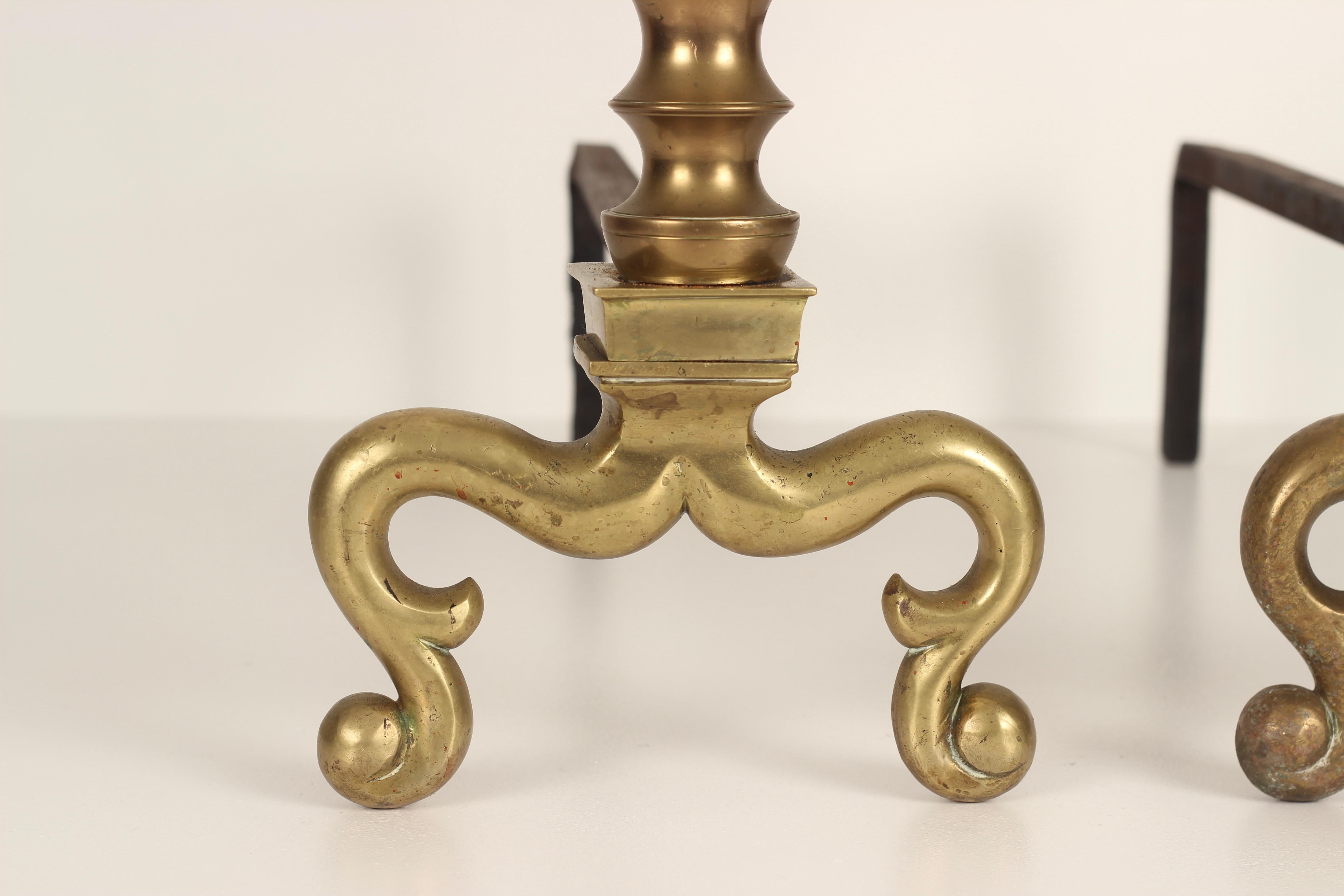Late 19th Century Pair of Victorian Late 19th / Early 20thC Brass Fire Dogs or Andirons For Sale