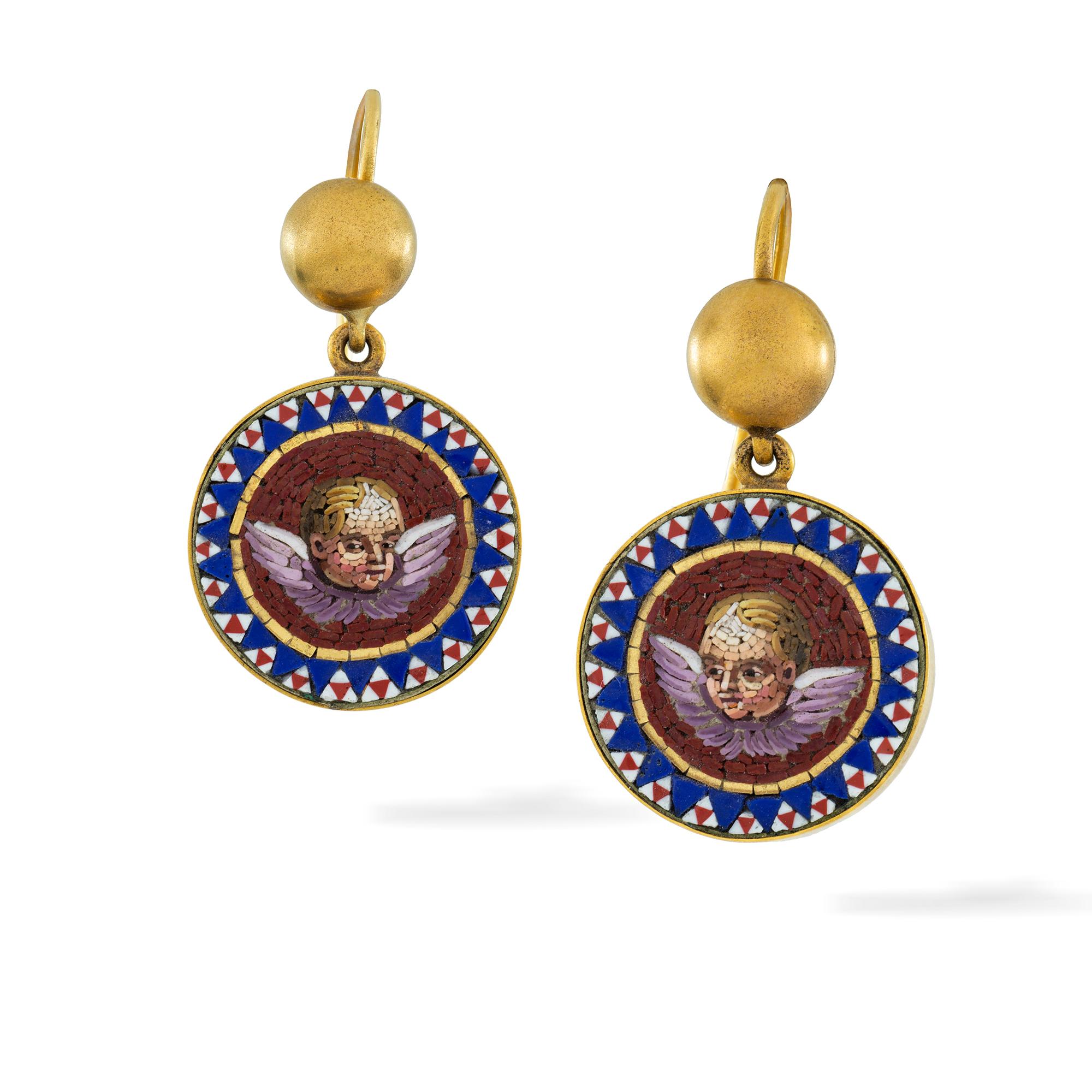 A pair of Victorian micro-mosaic  drop earrings, the circular plaque at the centre depicting a cupid, within a frame of geometric design, all set in yellow gold, suspended by a gold domed top with wire hook fittings, circa 1860,  gross weight 8