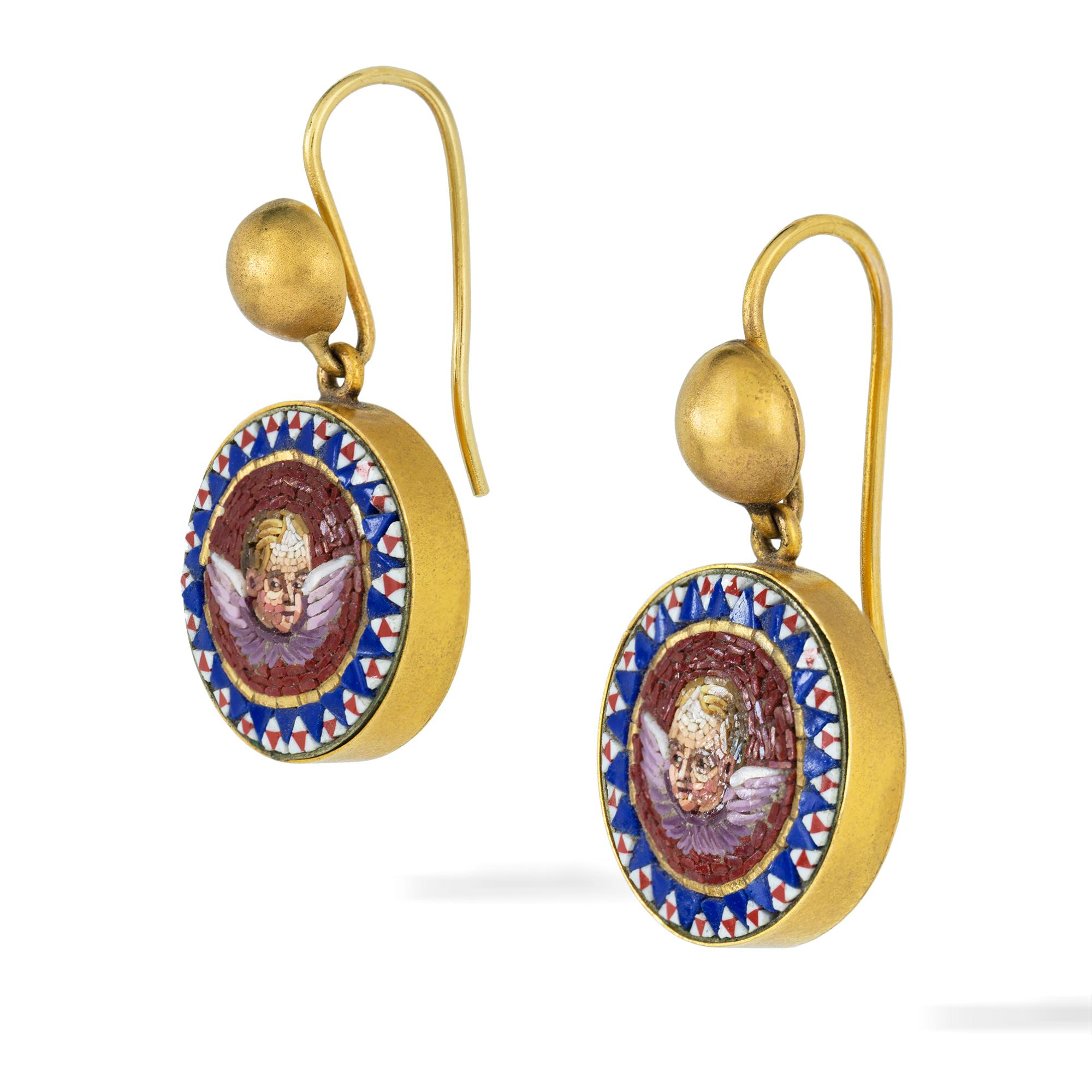 Pair of Victorian Micro-Mosaic Putti Earrings In Good Condition In London, GB