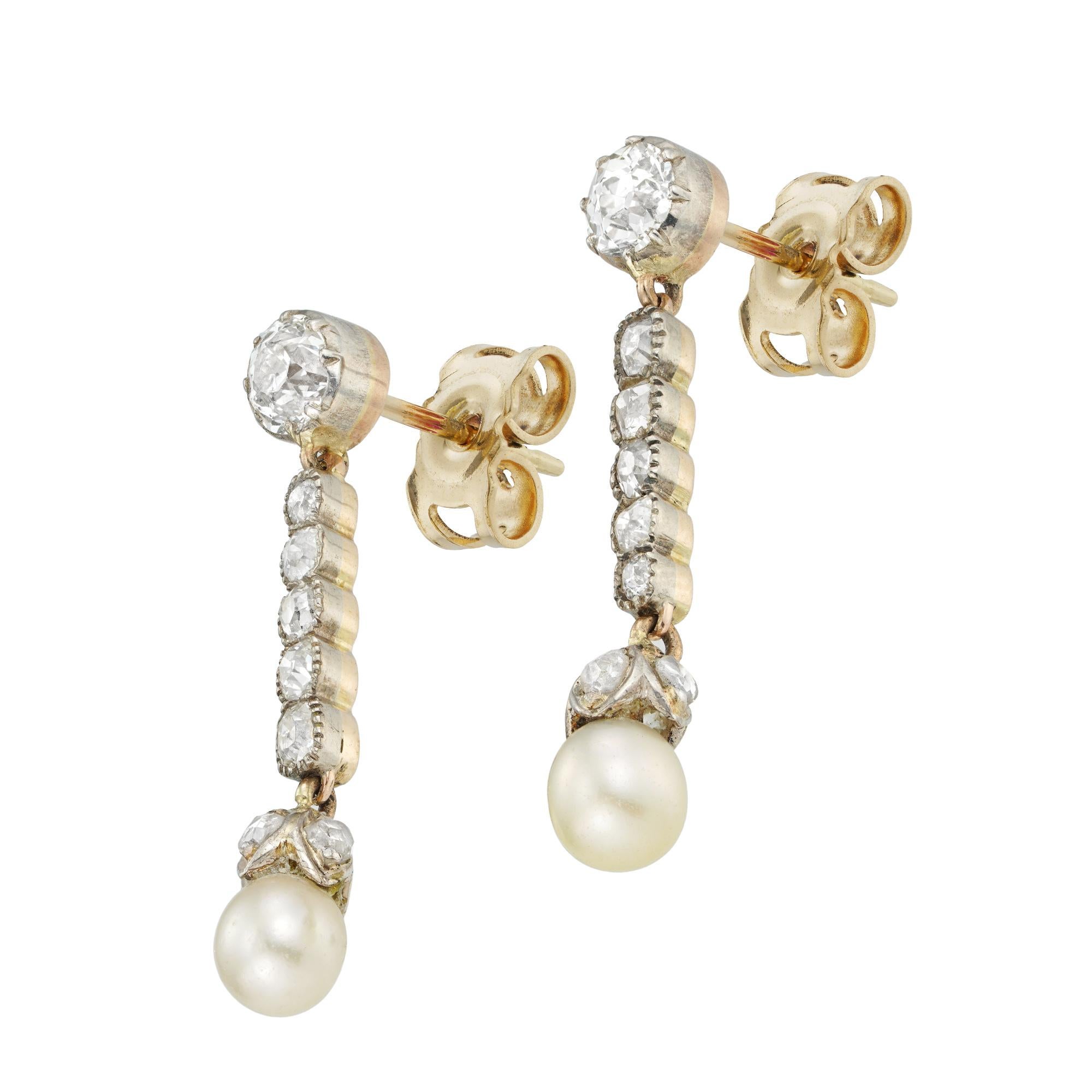 Old European Cut A pair of Victorian natural pearl and diamond drop earrings For Sale