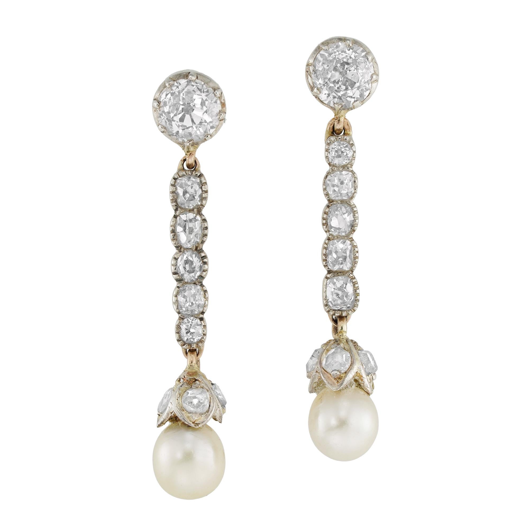 A pair of Victorian natural pearl and diamond drop earrings In Good Condition For Sale In London, GB