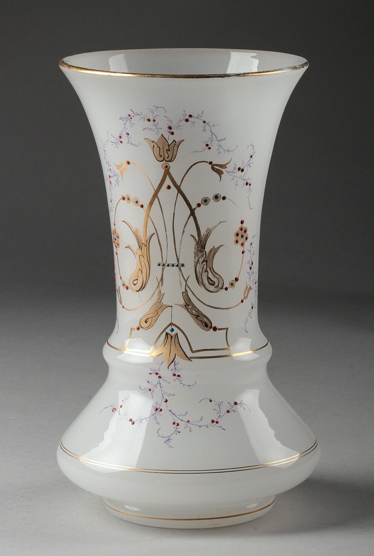 Pair of Victorian Opaline Glass Hand Painted Vases from circa 1880 1