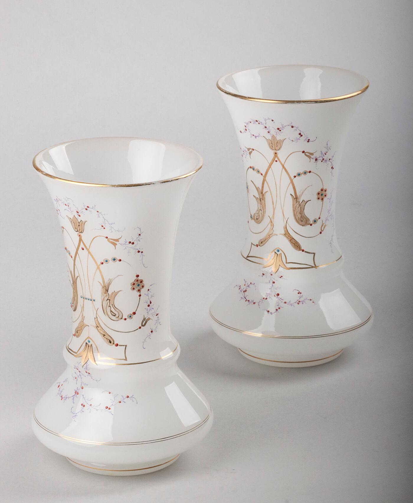 Pair of Victorian Opaline Glass Hand Painted Vases from circa 1880 3