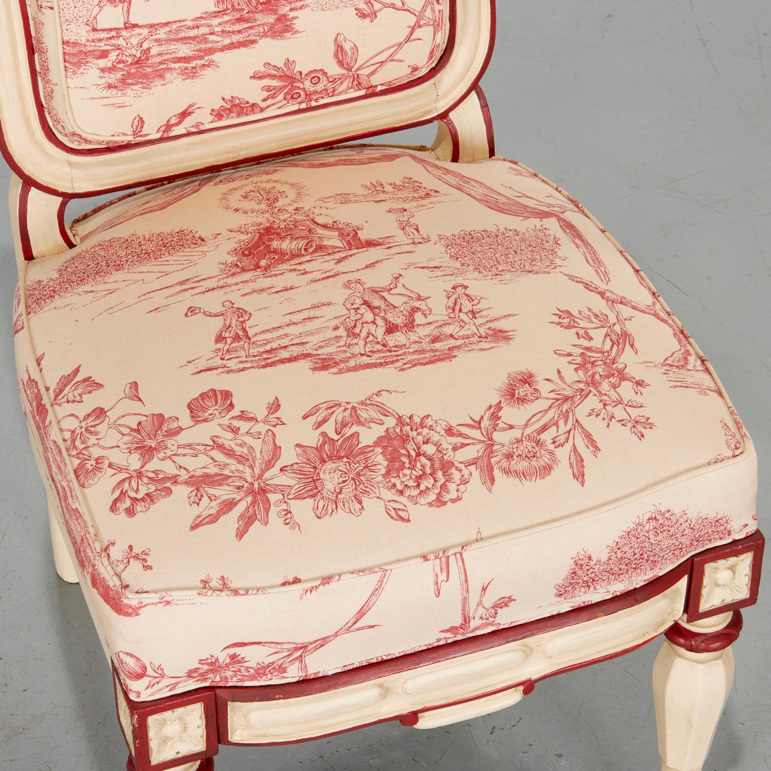 English A Pair of Victorian Side Chairs - Cream and Red Painted Frame and Toile Fabric For Sale