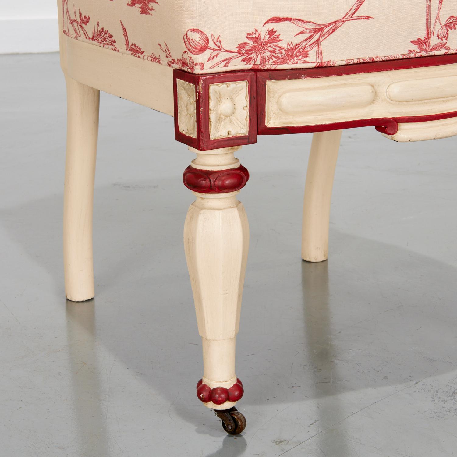 Hand-Painted A Pair of Victorian Side Chairs - Cream and Red Painted Frame and Toile Fabric For Sale