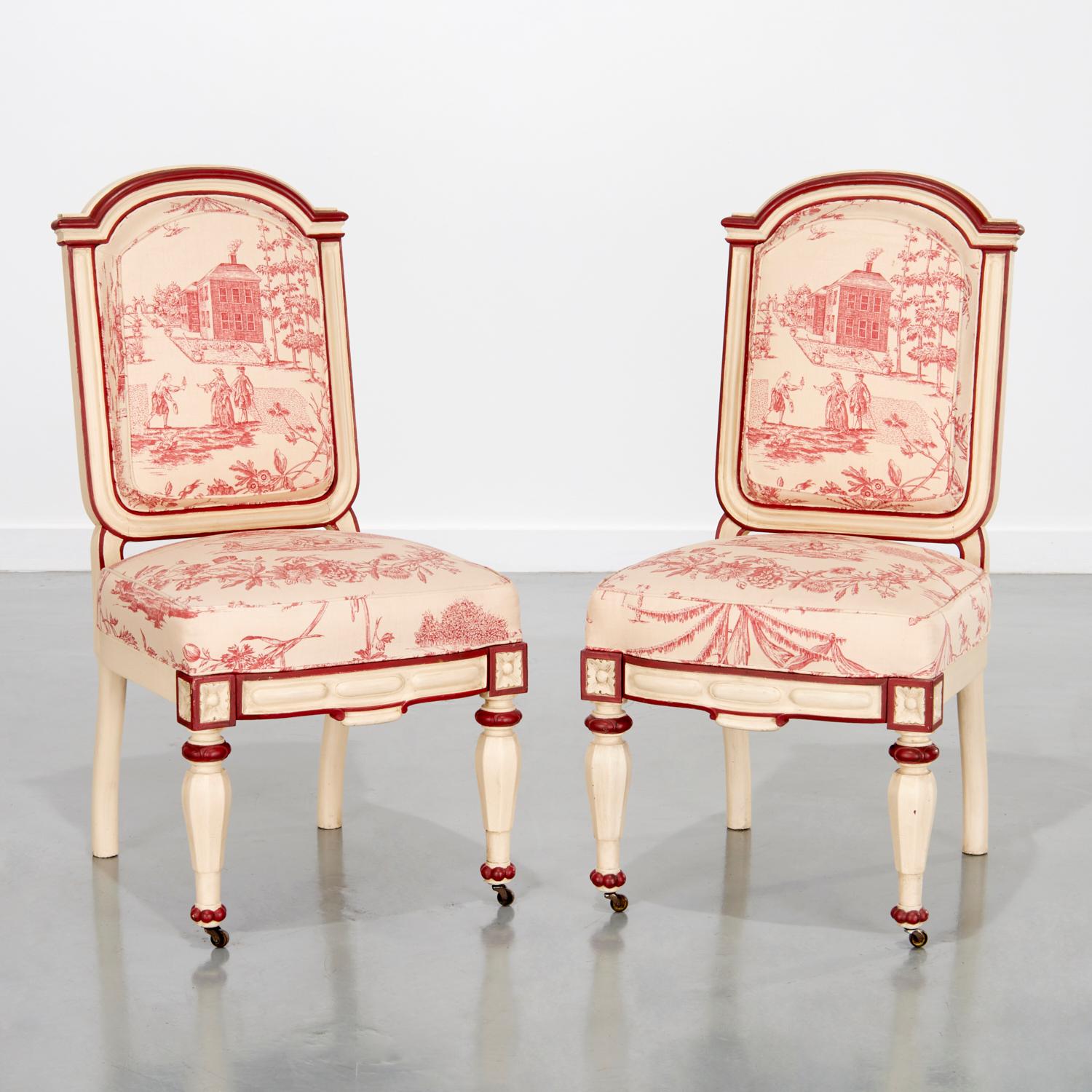 A Pair of Victorian Side Chairs - Cream and Red Painted Frame and Toile Fabric For Sale 1