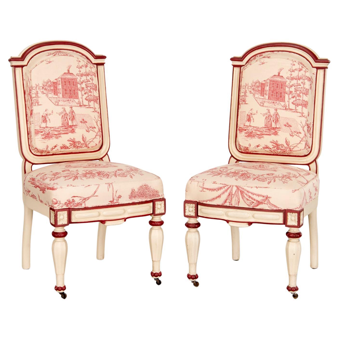 A Pair of Victorian Side Chairs - Cream and Red Painted Frame and Toile Fabric For Sale