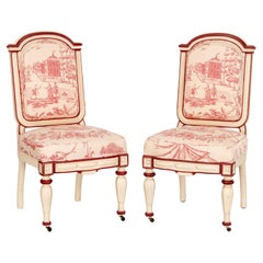 A Pair of Victorian Side Chairs - Cream and Red Painted Frame and Toile Fabric