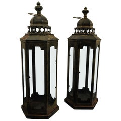Pair of Victorian Style Brass and Glass Tall Hanging Lanterns