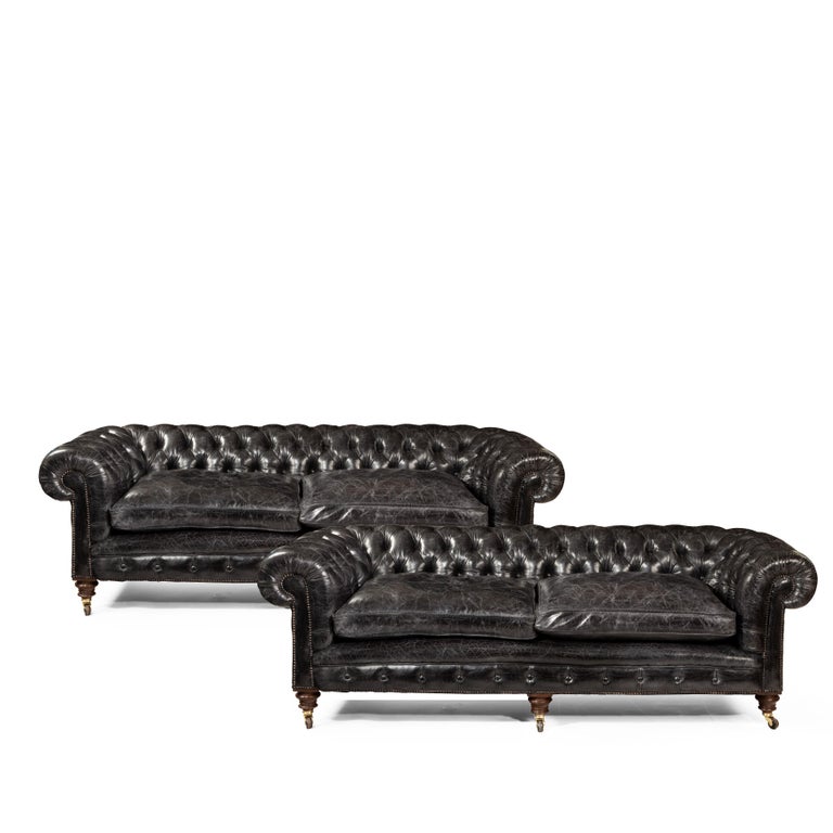 Pair of Victorian ThreeSeat Walnut Chesterfield Sofas For Sale at 1stdibs