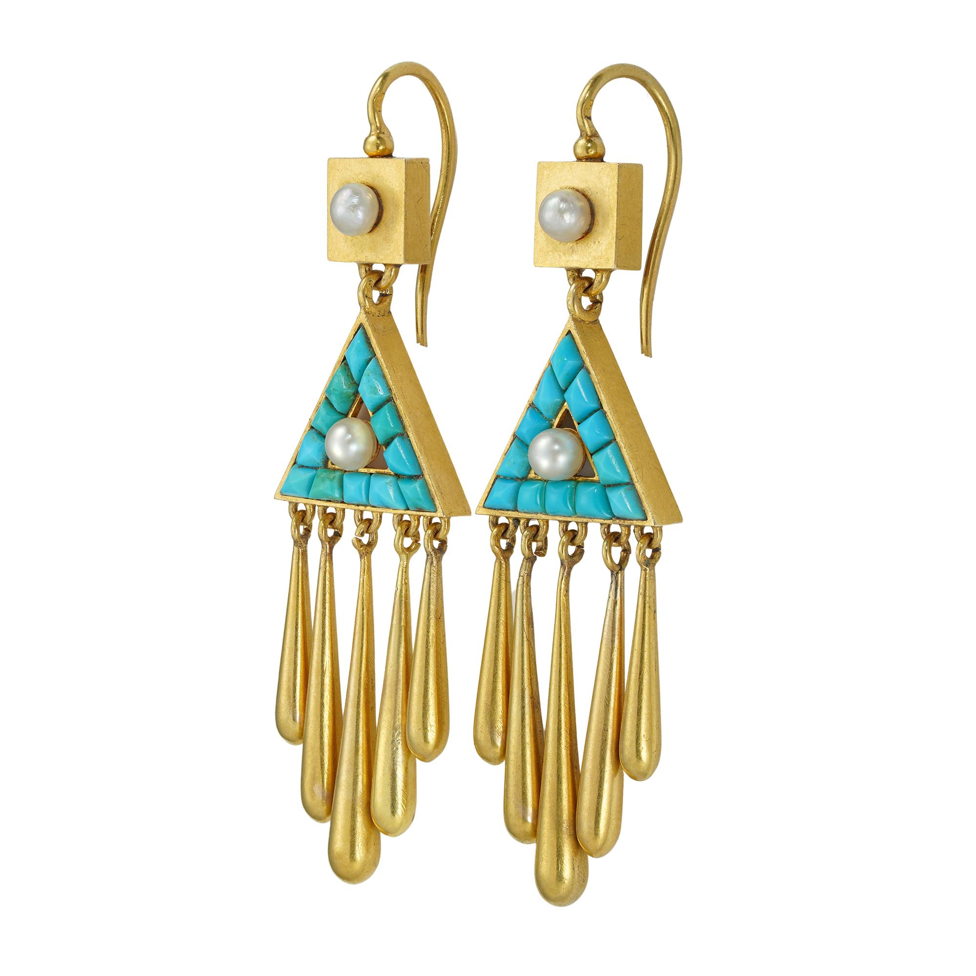 A pair of Victorian turquoise and pearl drop earrings, each with a triangle centrally-set with a pearl surrounded by twelve calibre-cut turquoises suspending five gold drops, all suspended by a square-shaped top centrally-set with a pearl, all