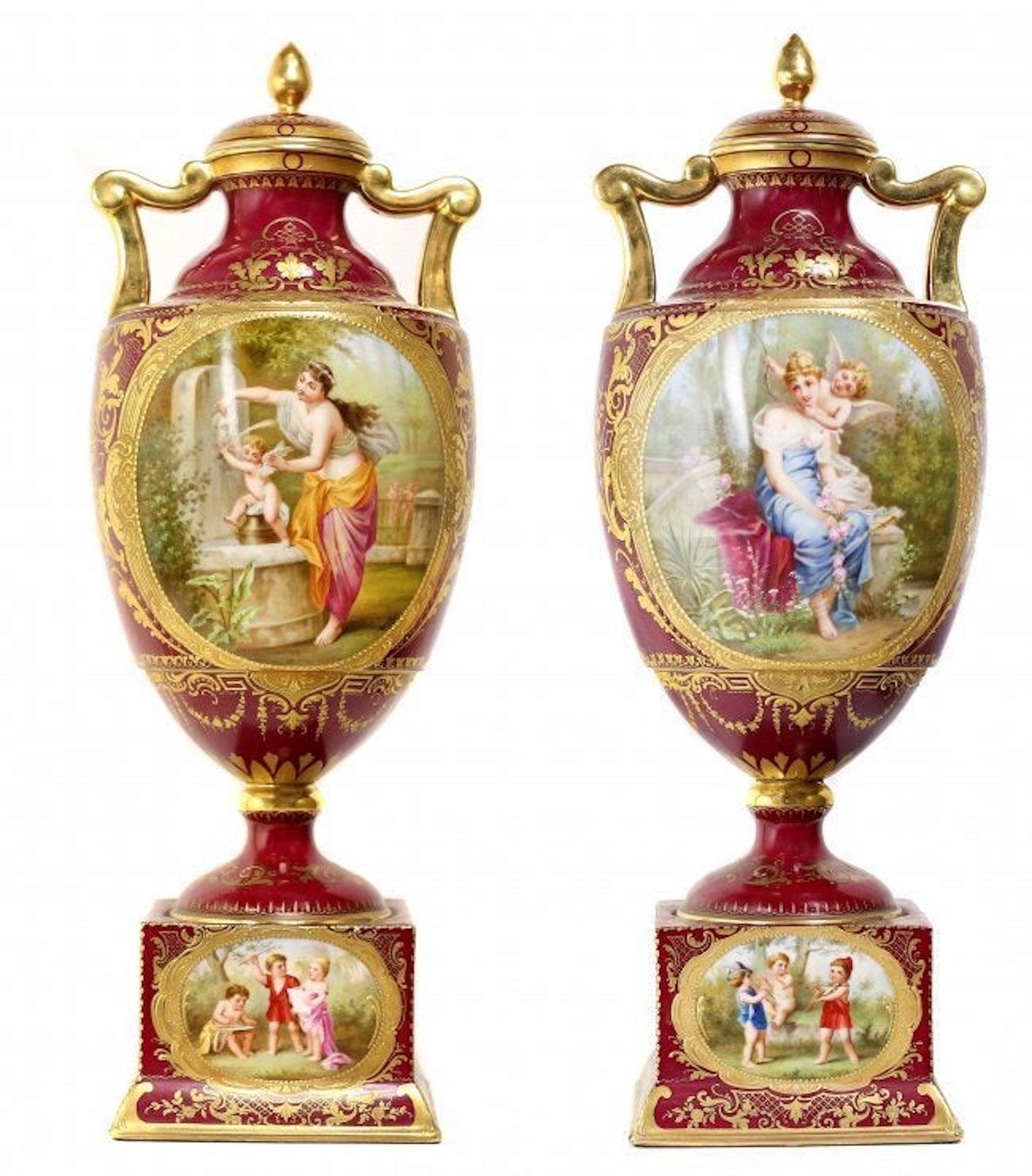 Ceramic Pair of Vienna Style Covered Urns, Late 19th Century For Sale