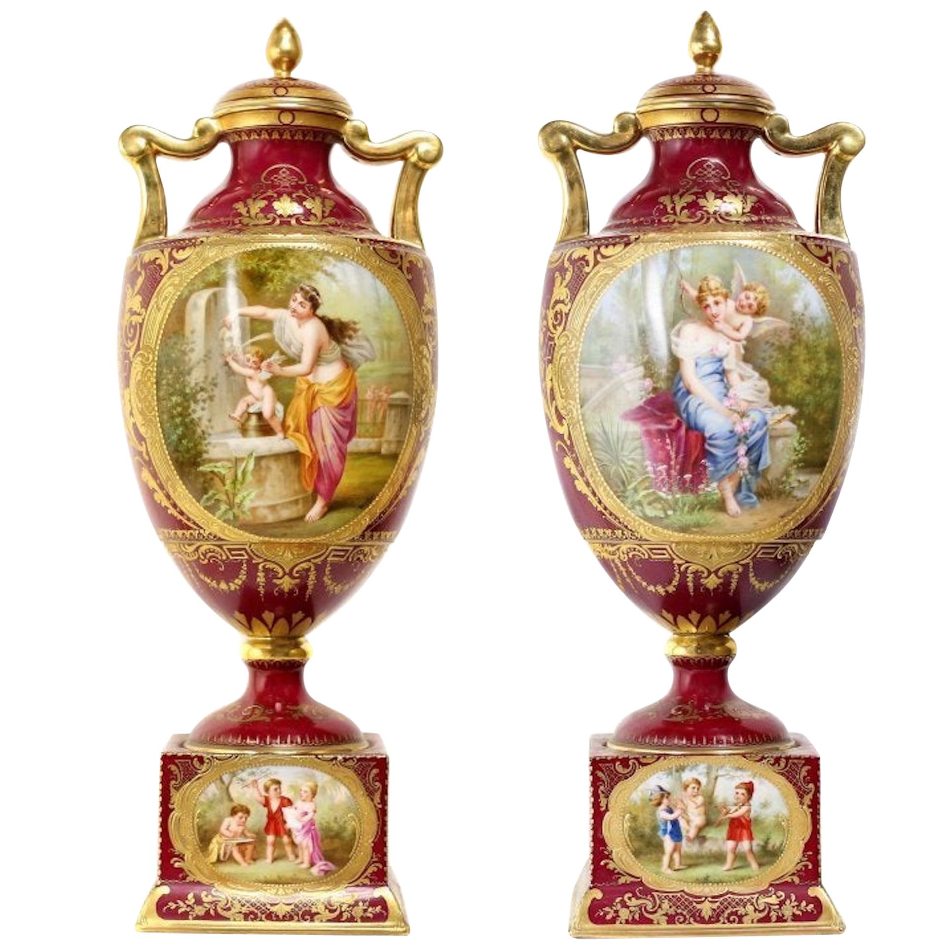 Pair of Vienna Style Covered Urns, Late 19th Century For Sale