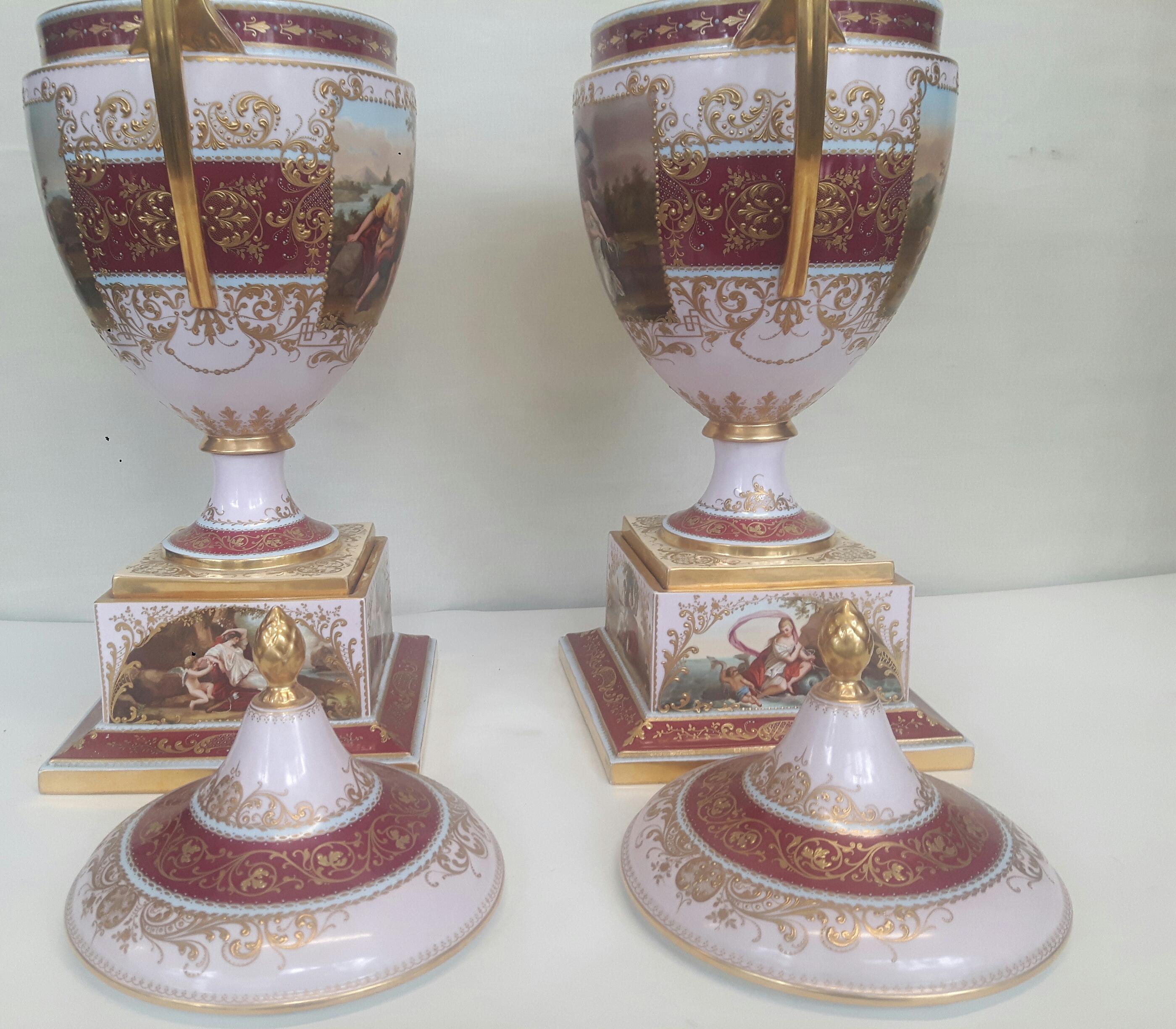Pair of Vienna Style Late 19th Century Porcelain Vases and Covers For Sale 5