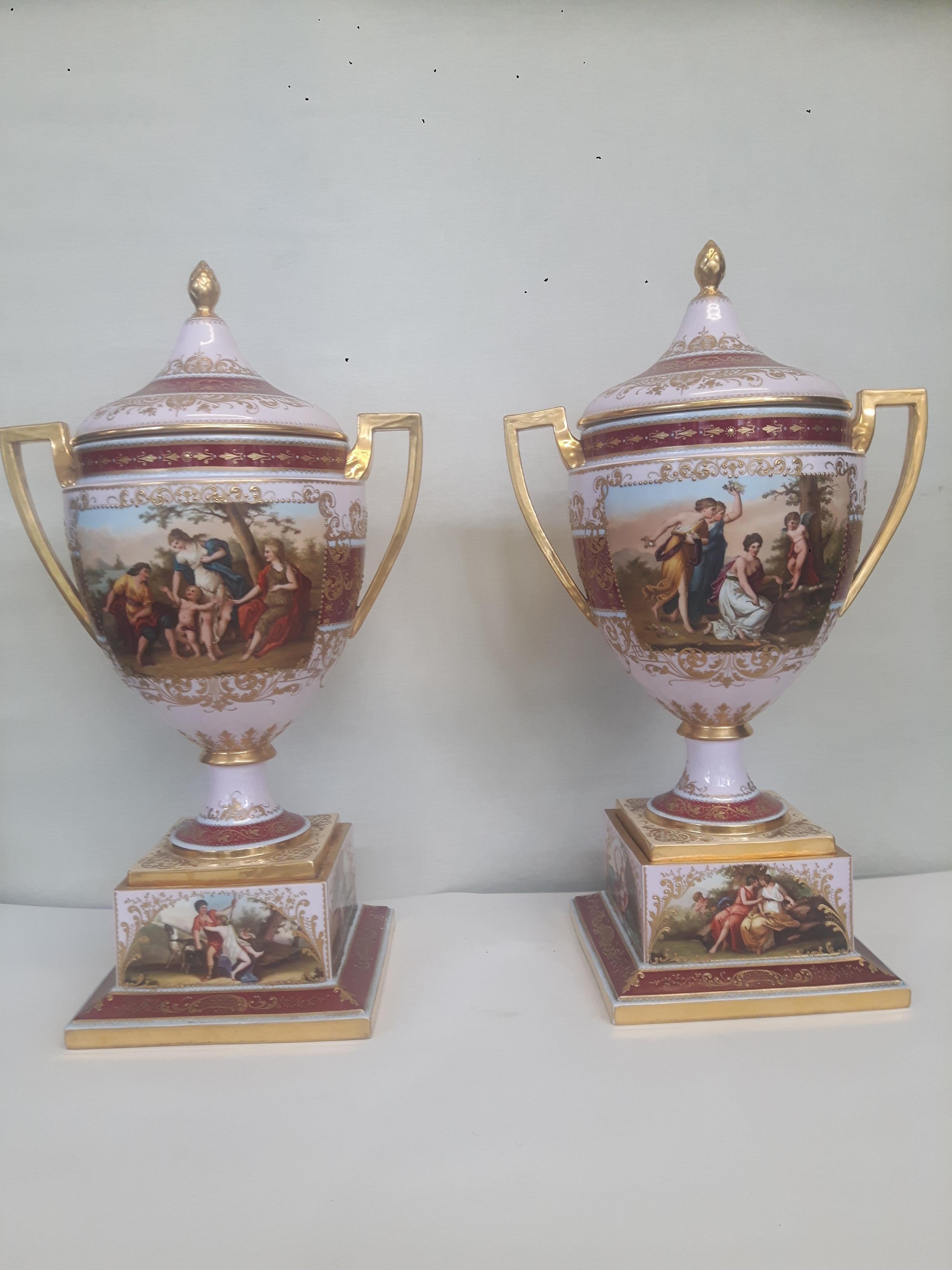 Pair of Vienna Style Late 19th Century Porcelain Vases and Covers For Sale 7