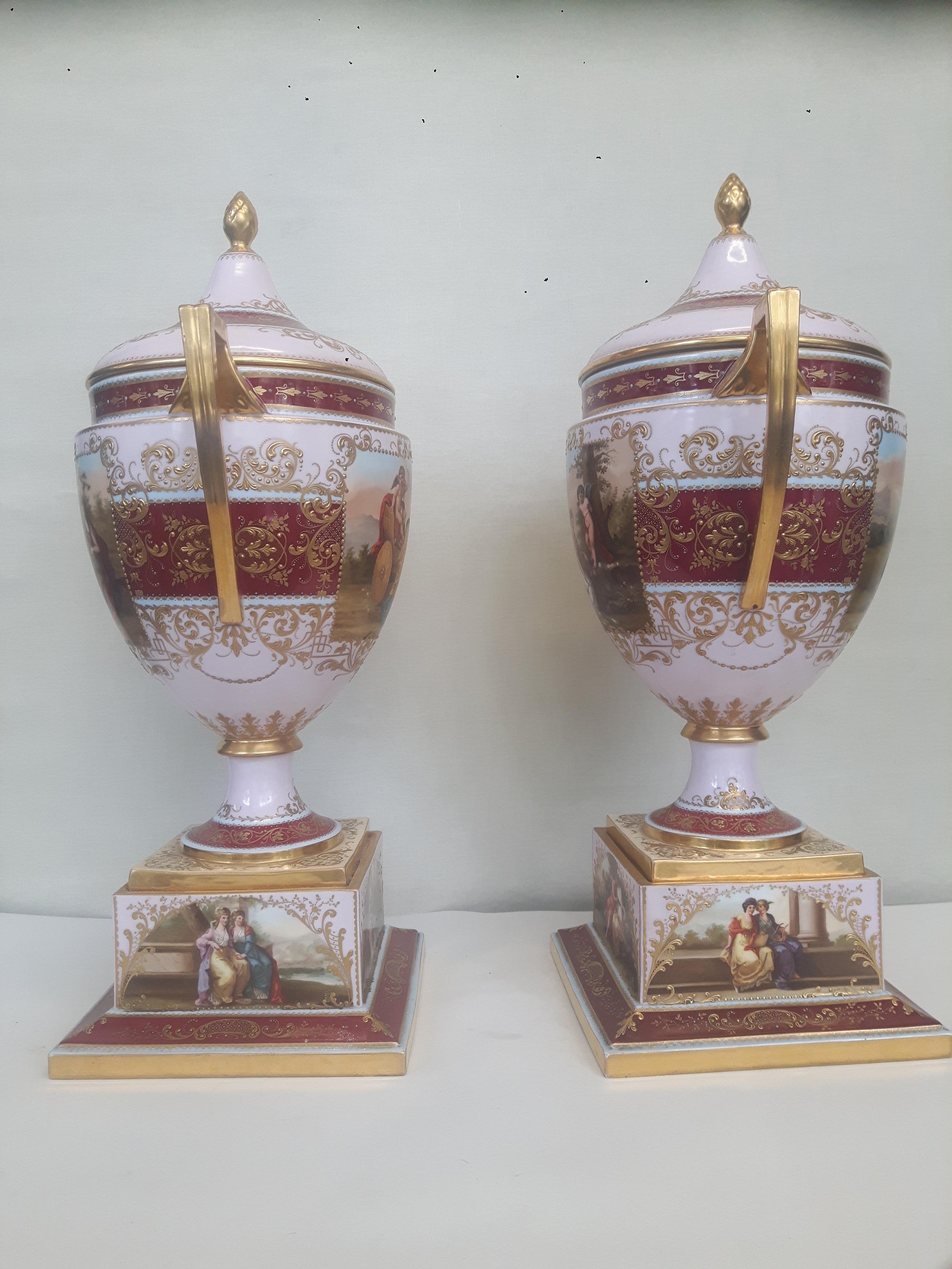 Pair of Vienna Style Late 19th Century Porcelain Vases and Covers For Sale 9