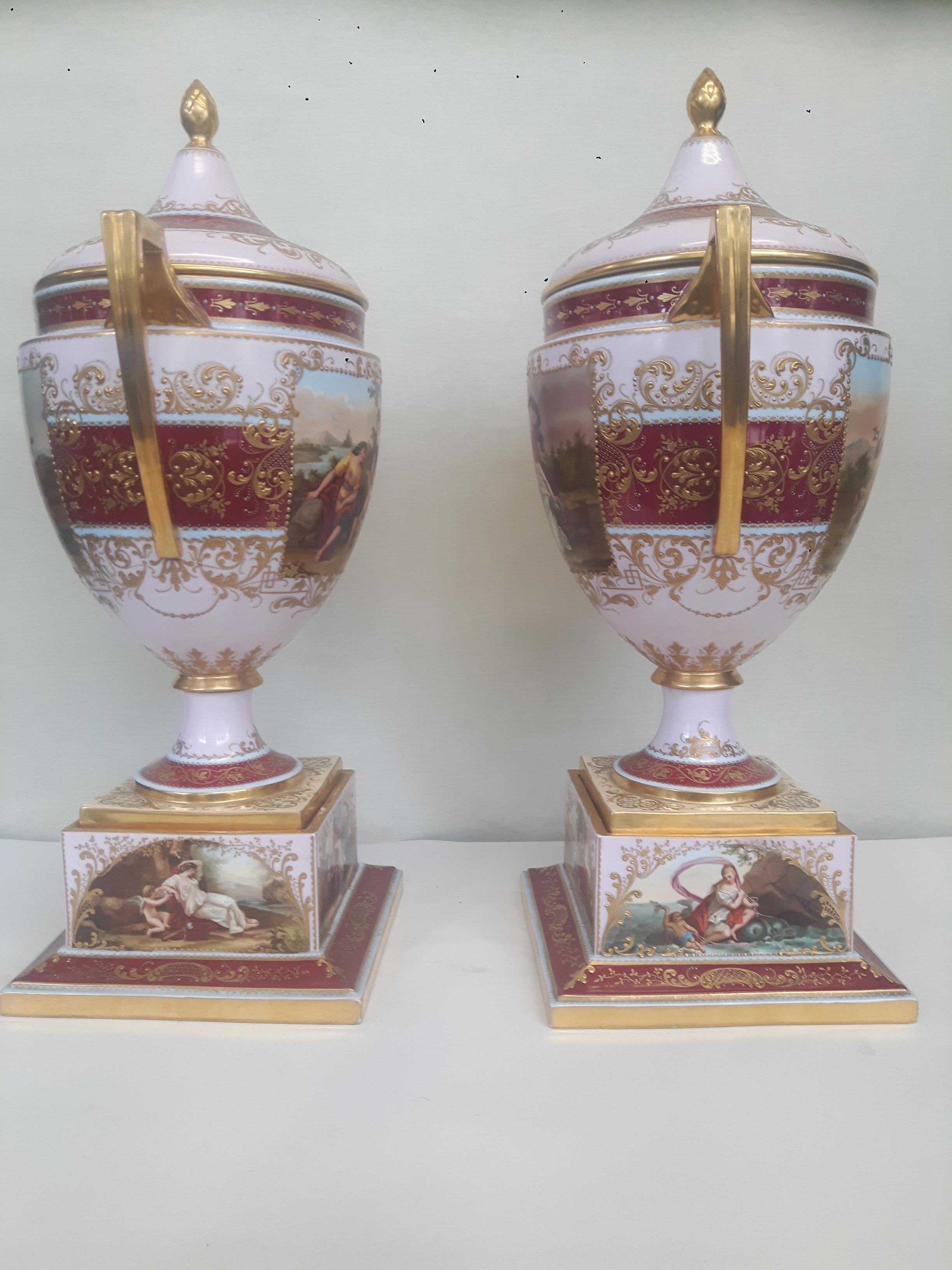 Austrian Pair of Vienna Style Late 19th Century Porcelain Vases and Covers For Sale