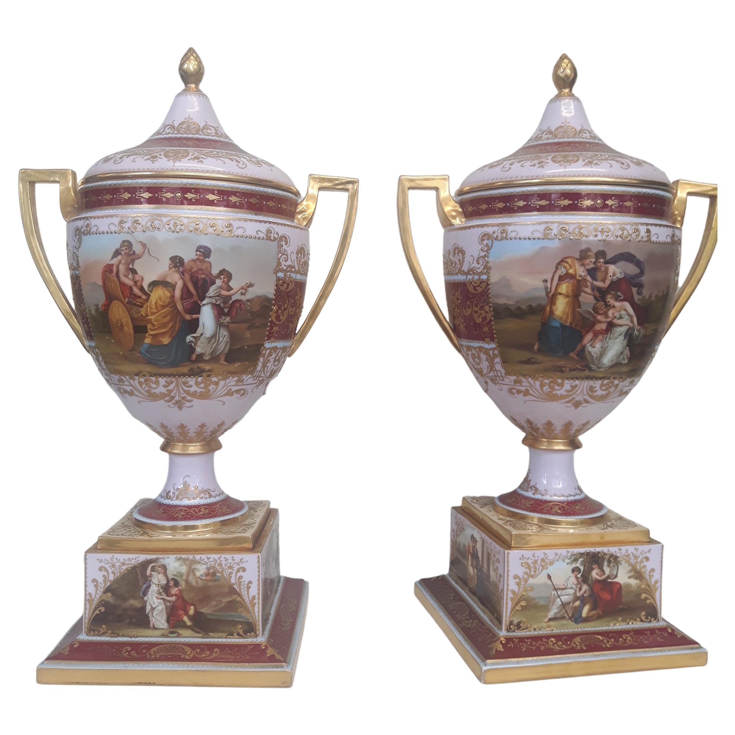 Pair of Vienna Style Late 19th Century Porcelain Vases and Covers For Sale