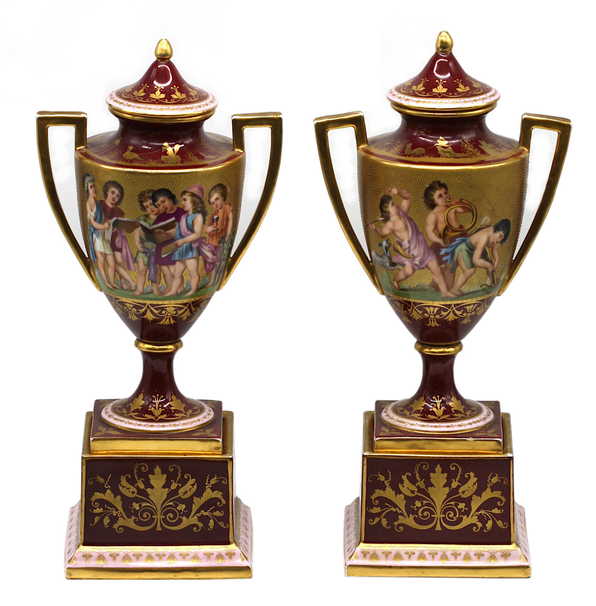 Pair of Vienna Style Two-Handled Vases and Covers on Bases, circa 1890 In Good Condition For Sale In West Palm Beach, FL