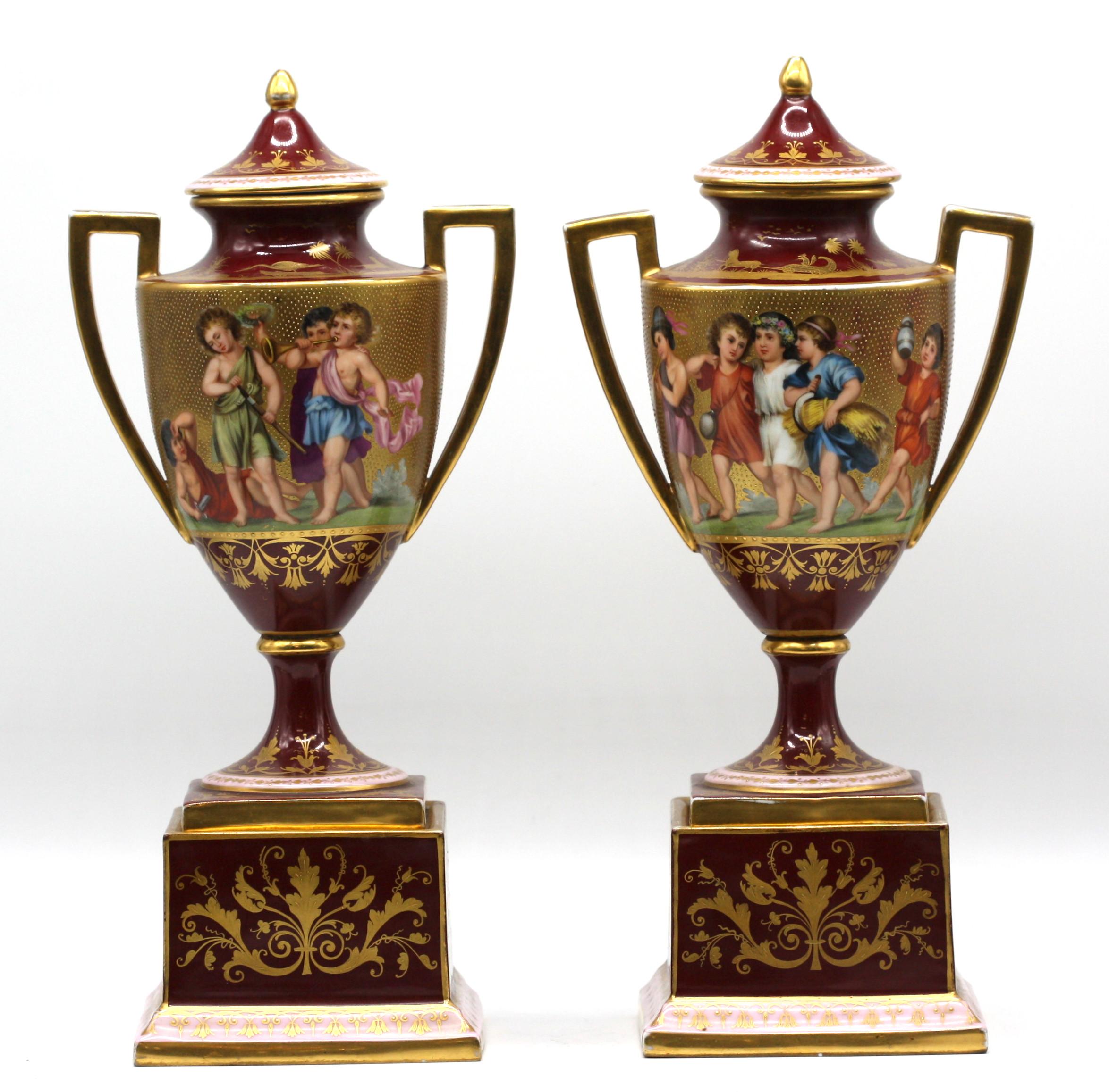 Pair of Vienna Style Two-Handled Vases and Covers on Bases, circa 1890 For Sale 4