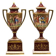 Antique Pair of Vienna Style Two-Handled Vases and Covers on Bases, circa 1890