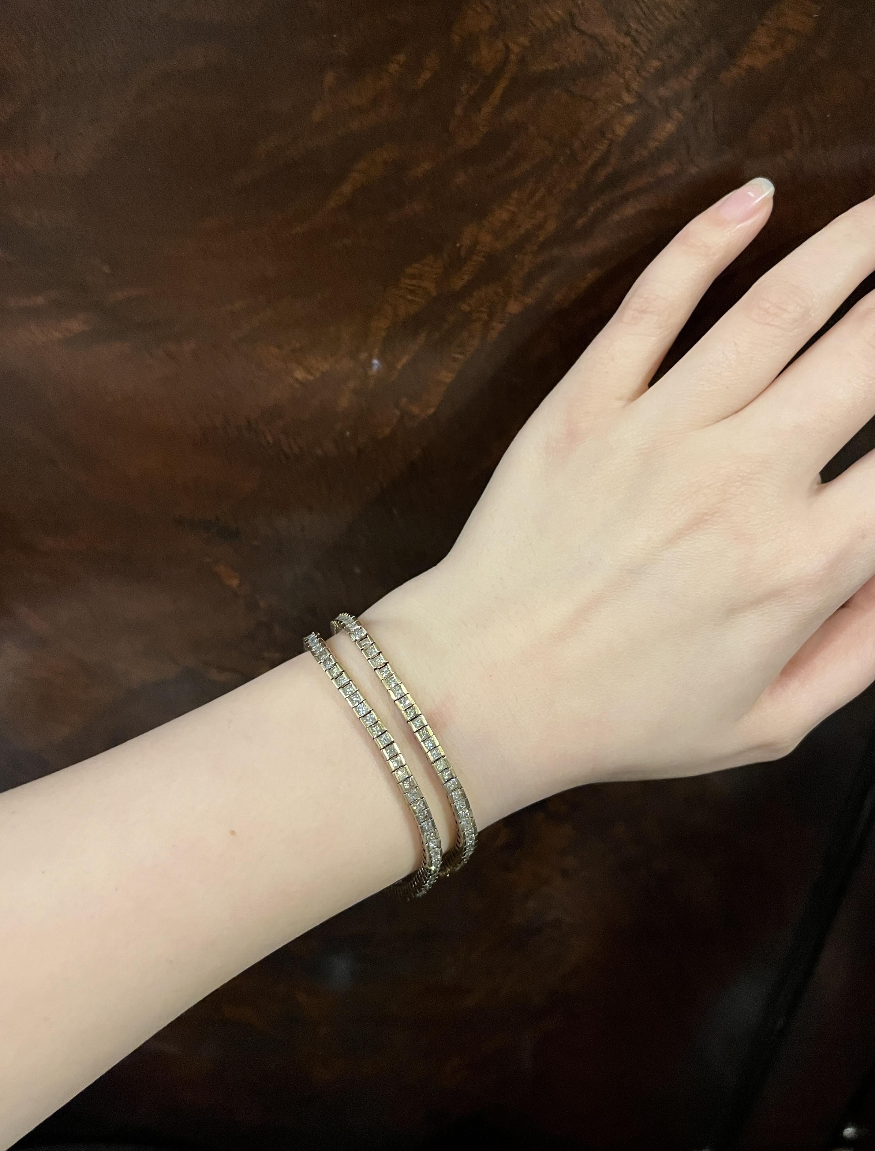 Vintage 14K Gold Diamond Bracelet 
Two dazzling diamond and gold bracelets, when the two claspe are clasped together, they can become a necklace.

Marked:
14K

Approximate Dimensions: 
18.5 cm (Unclasped Length) 
0.3 cm (Width) 
Approx. 10.92 Total
