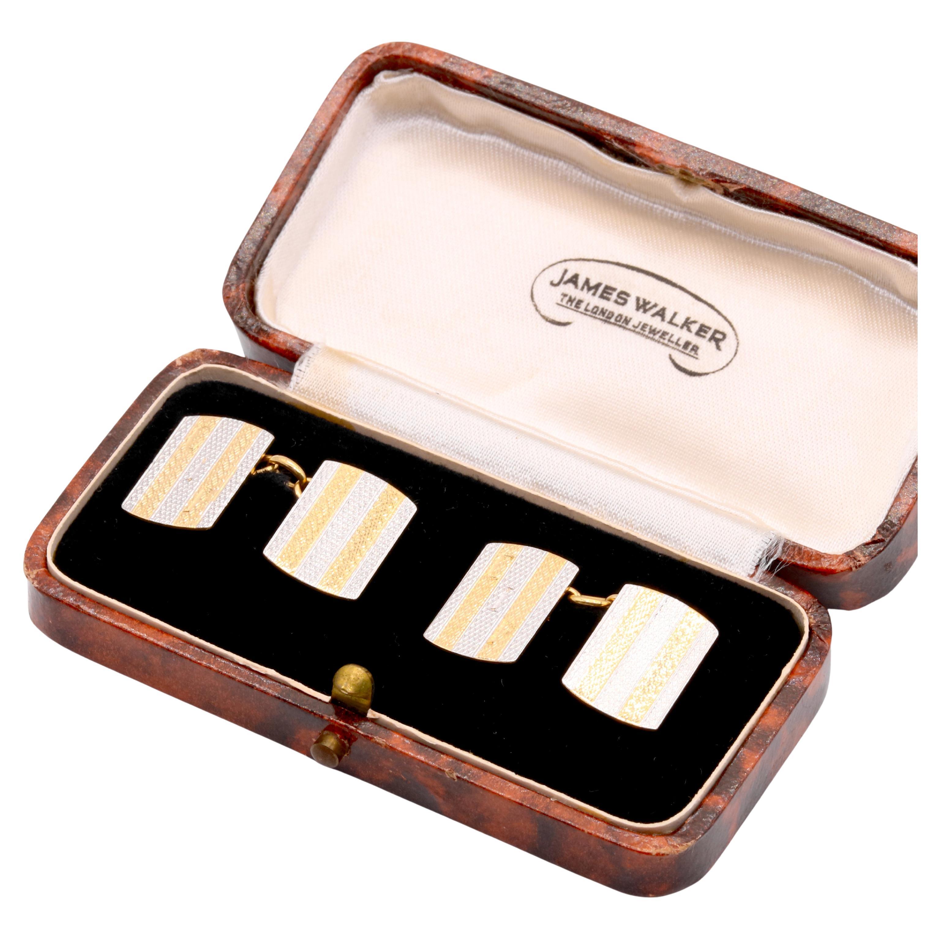 A Pair of Vintage 1950s 18K Yellow Gold and Platinum Engine Turned Cufflinks