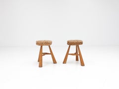 Pair of Vintage 1950s French Rustic Stools with Braided Rush Rope Seat