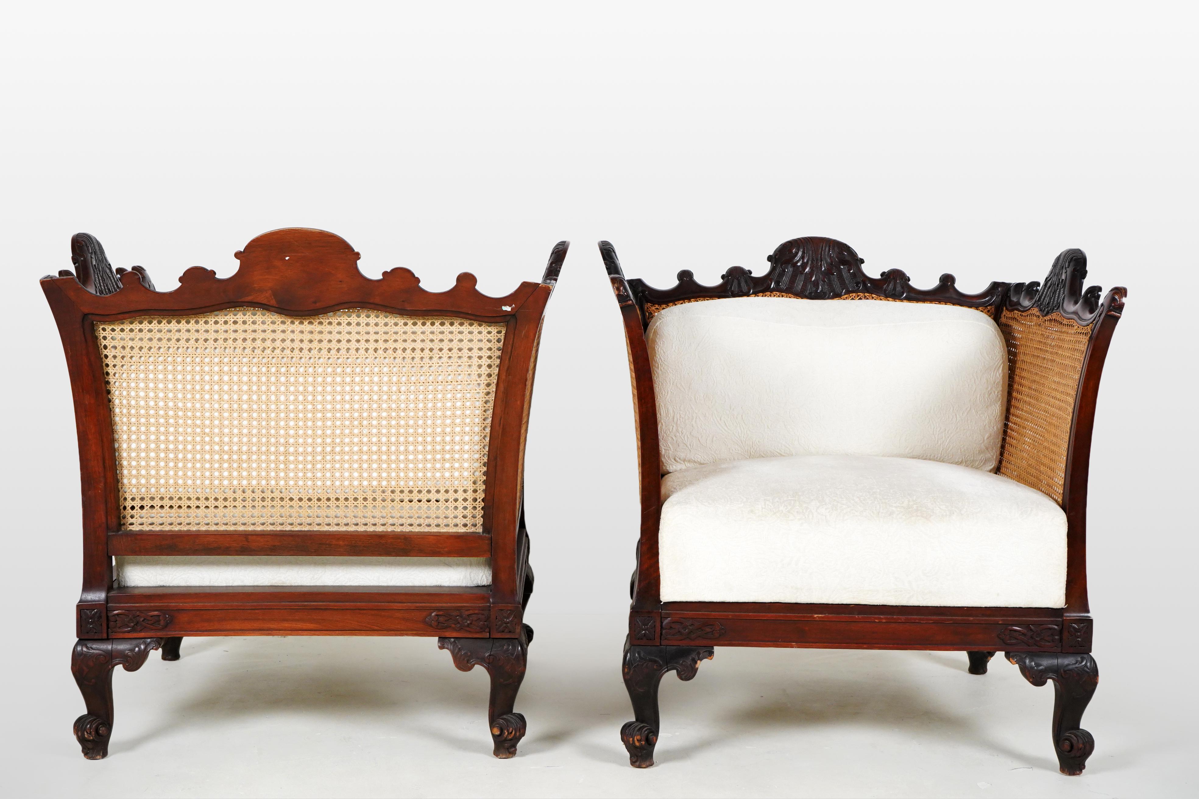 Hungarian Pair of Vintage Baroque Revival Armchairs with Cane Sides For Sale