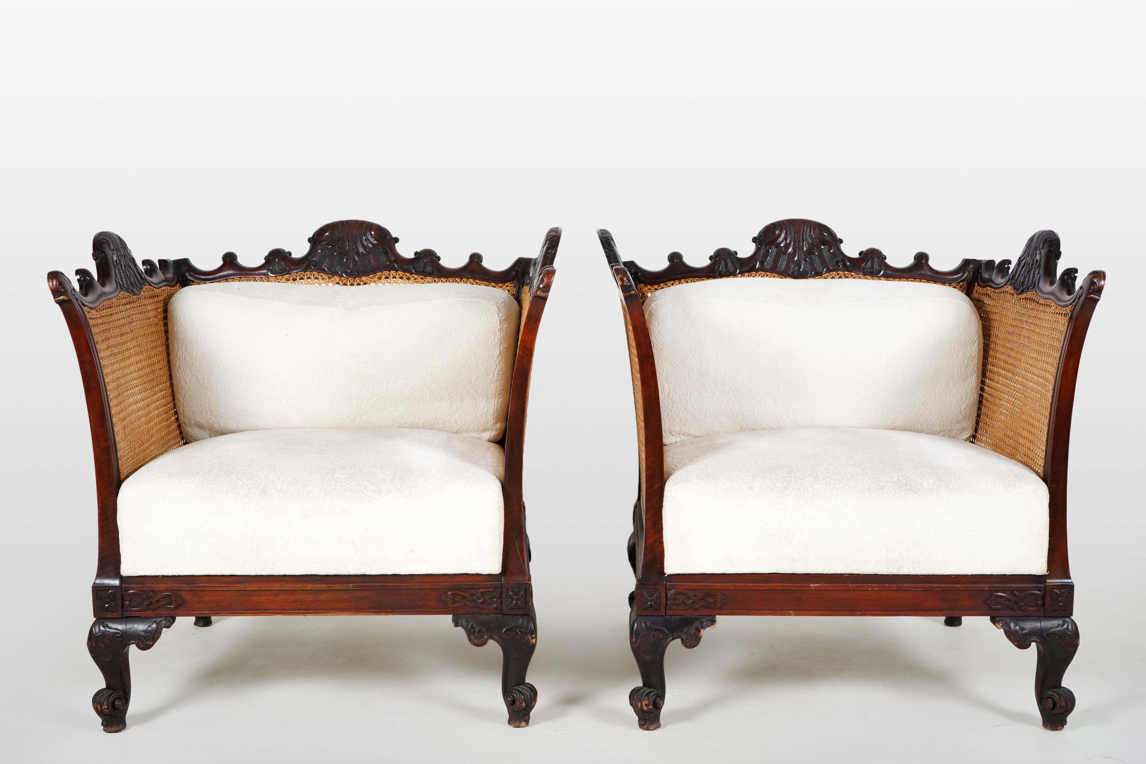20th Century Pair of Vintage Baroque Revival Armchairs with Cane Sides For Sale