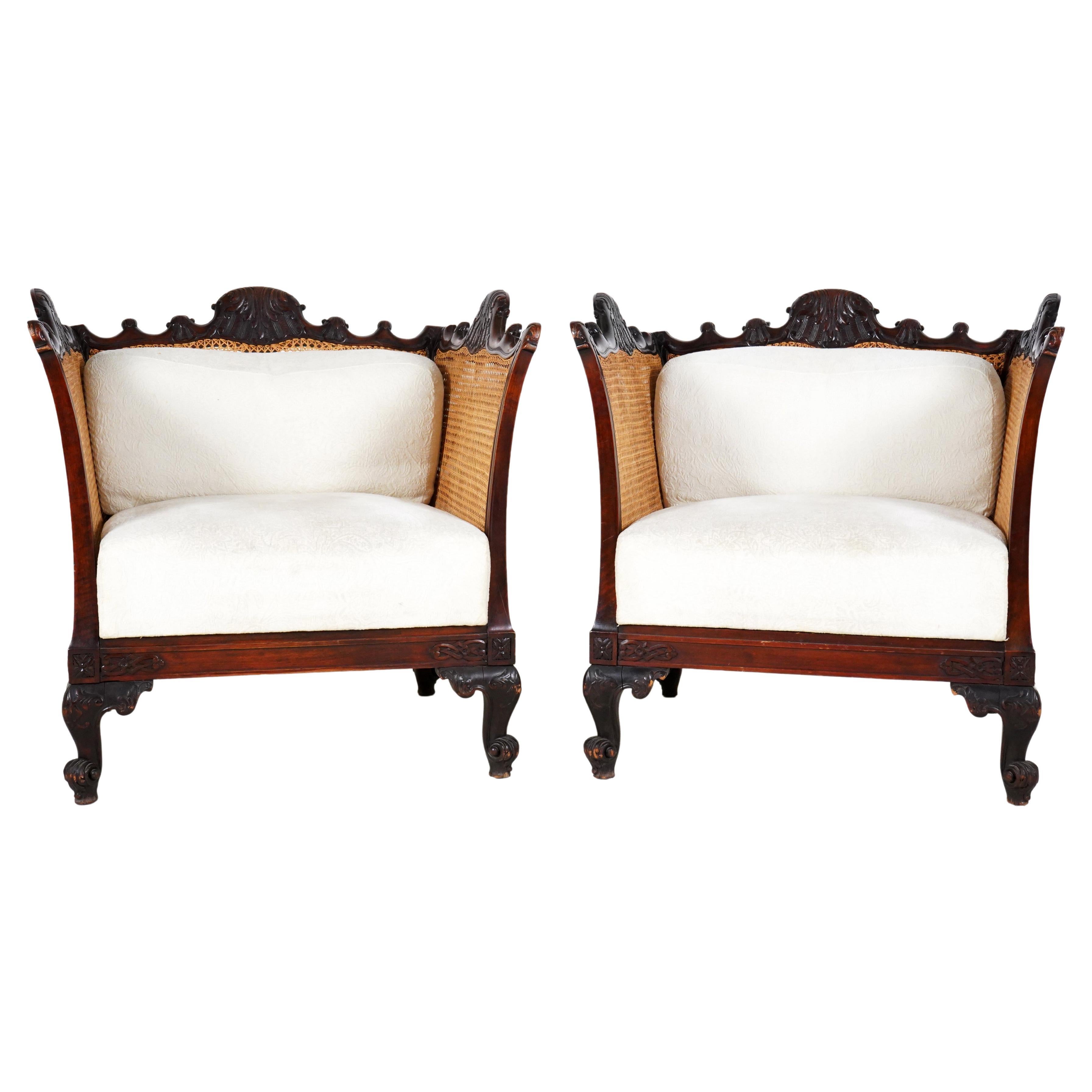 Pair of Vintage Baroque Revival Armchairs with Cane Sides For Sale