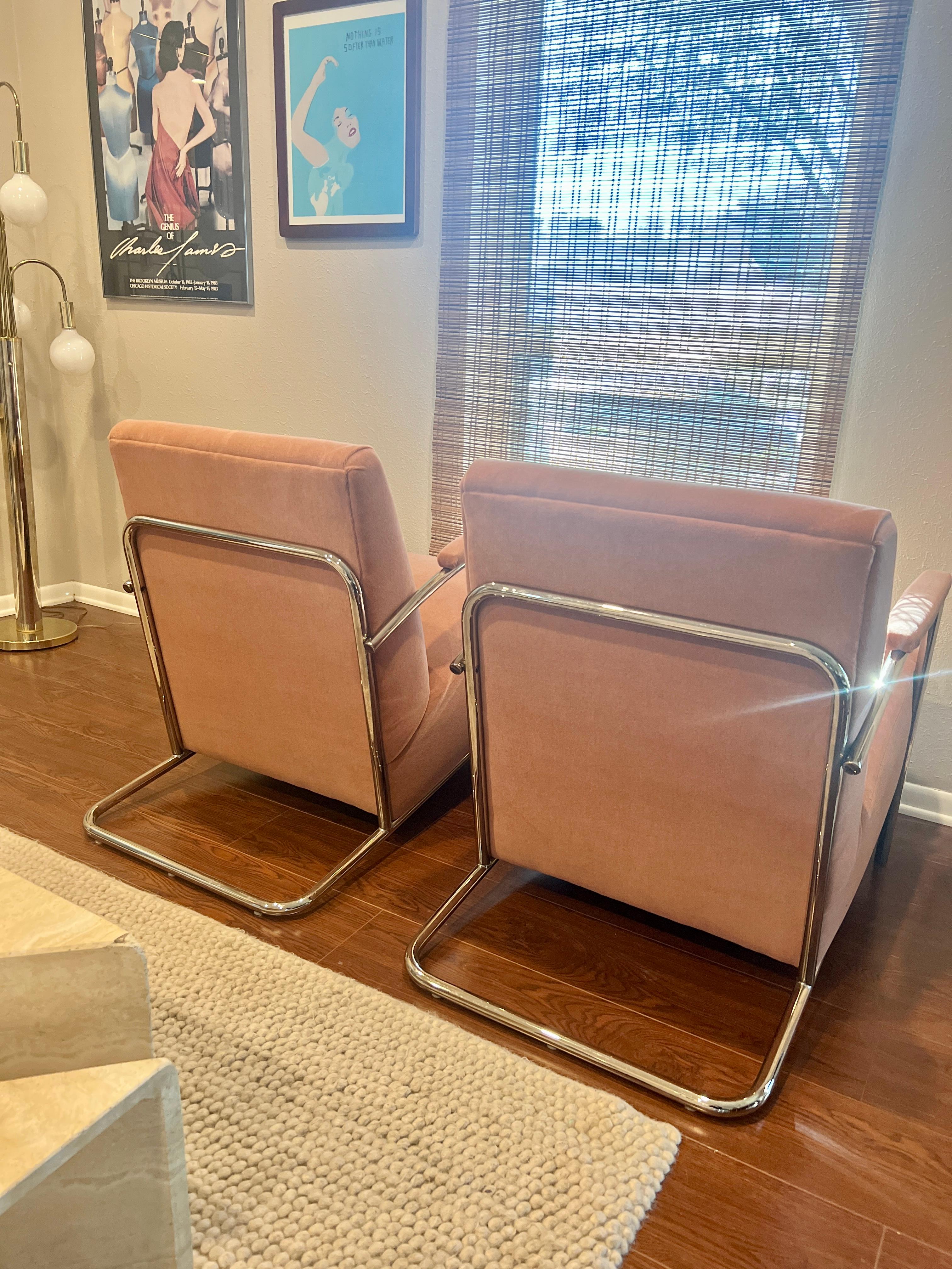Pair of Vintage Bauhaus Louis Sognot Chrome Lounge Chairs in Pink Mohair 6