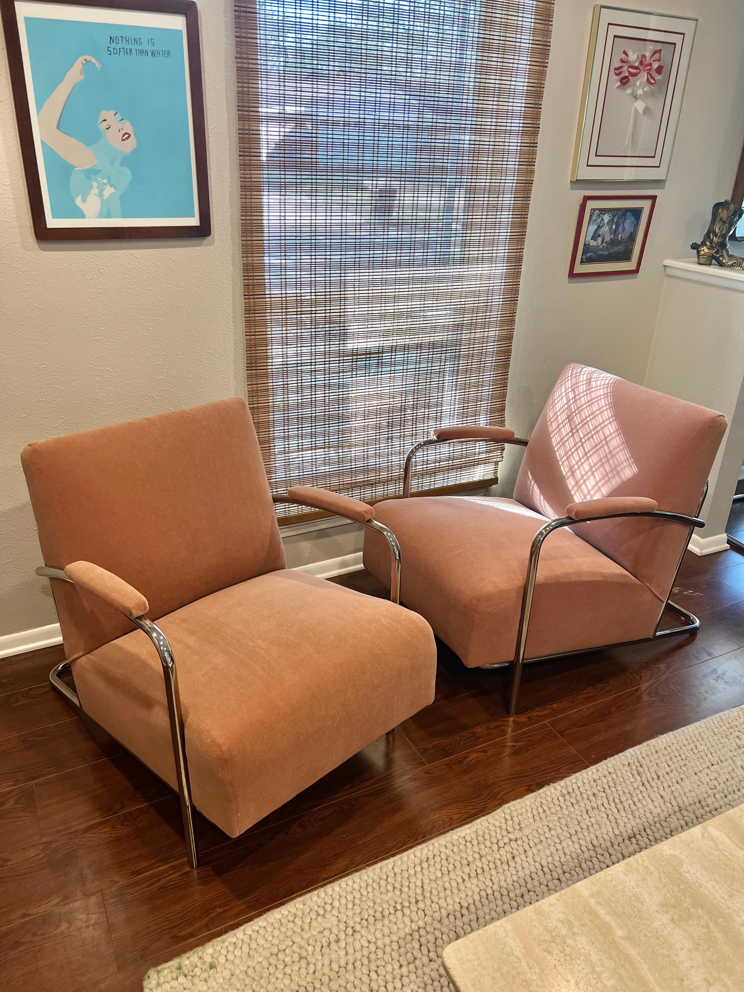 Pair of Vintage Bauhaus Louis Sognot Chrome Lounge Chairs in Pink Mohair 7